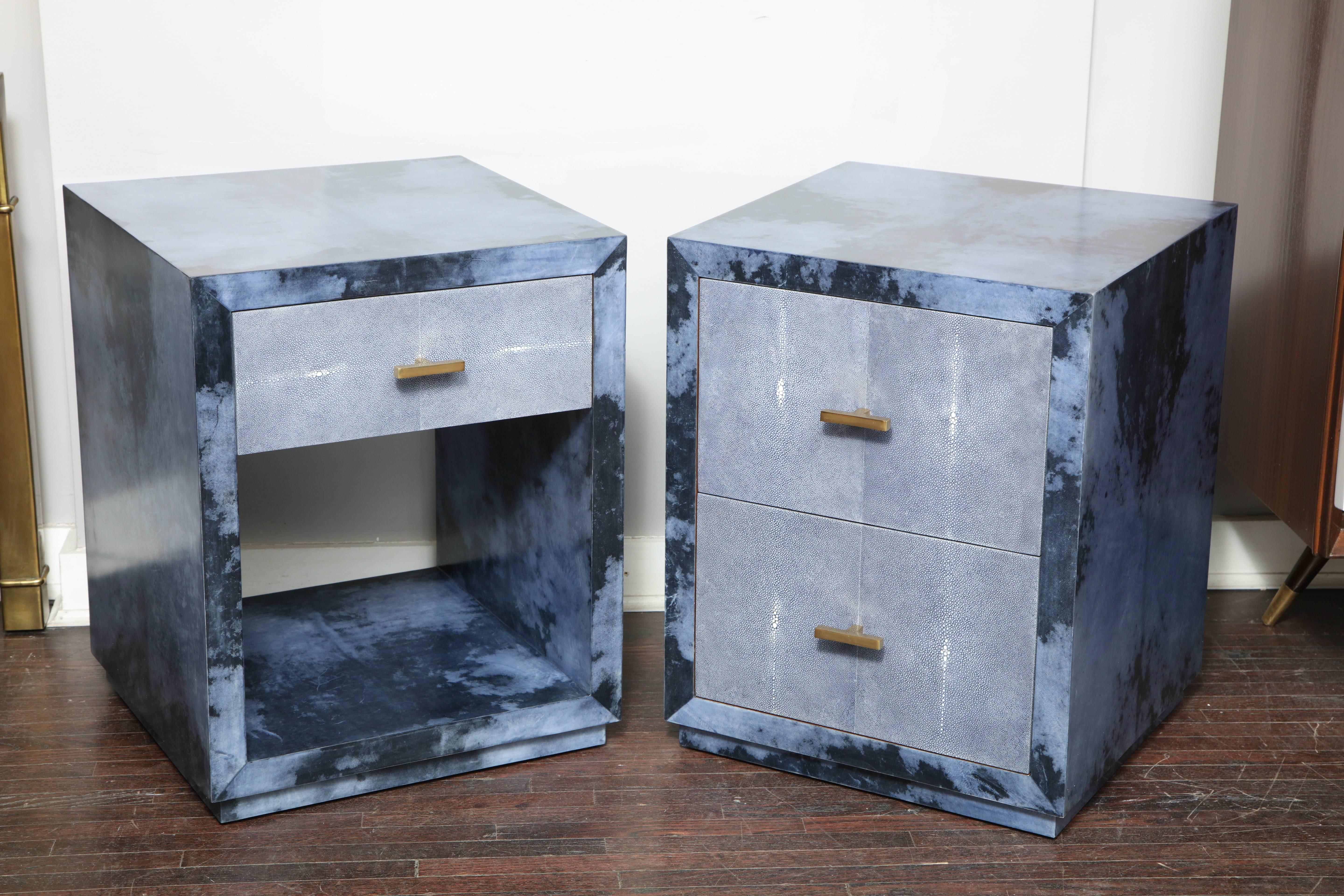 Set of 2 custom parchment nightstands with genuine shagreen drawer fronts. Shown in navy sky parchment and navy shagreen with brass handles. Customization is available in different sizes, colors and hardware.
