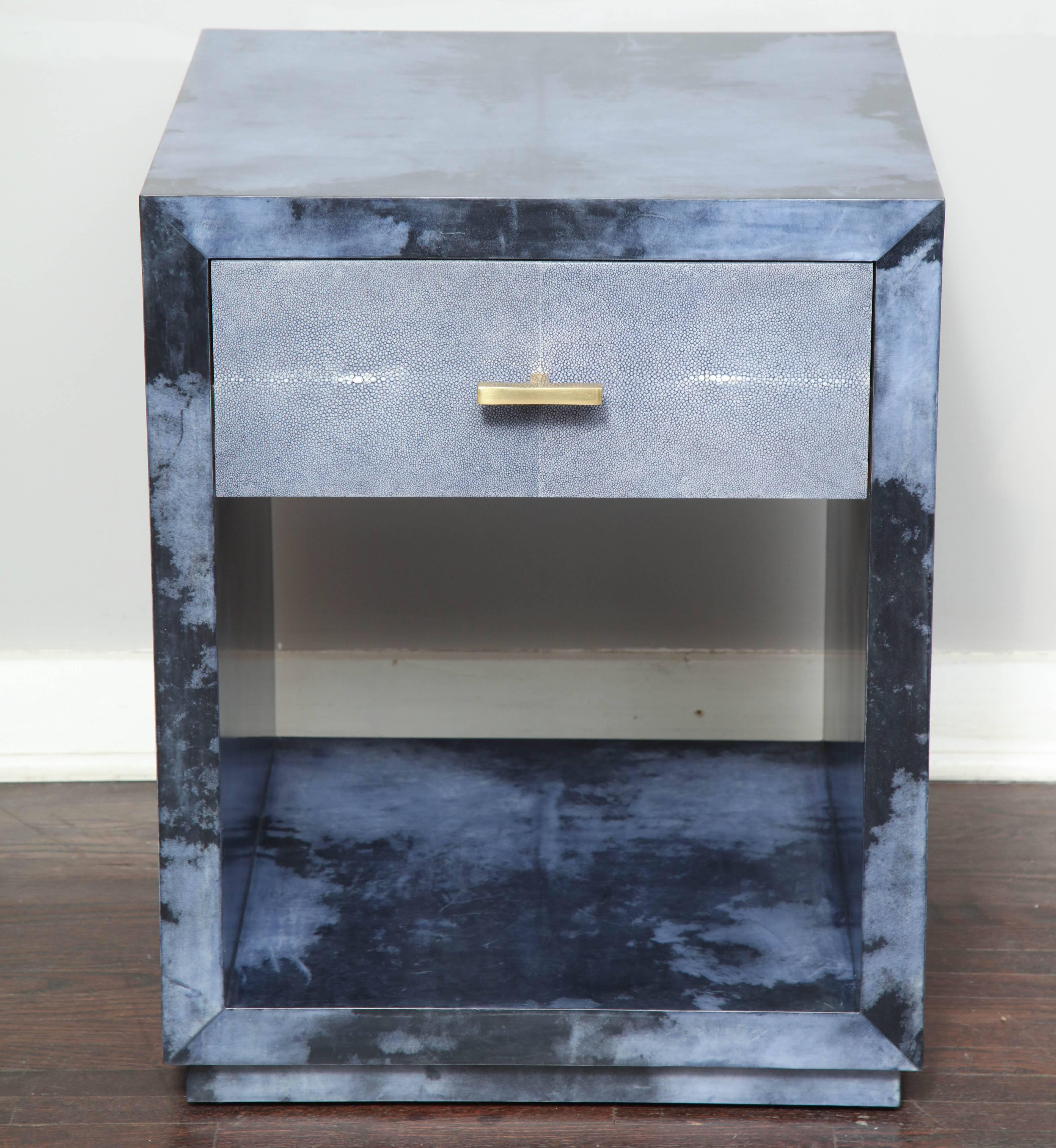 Dyed Set of 2 Parchment Nightstands with Genuine Shagreen Drawer Fronts