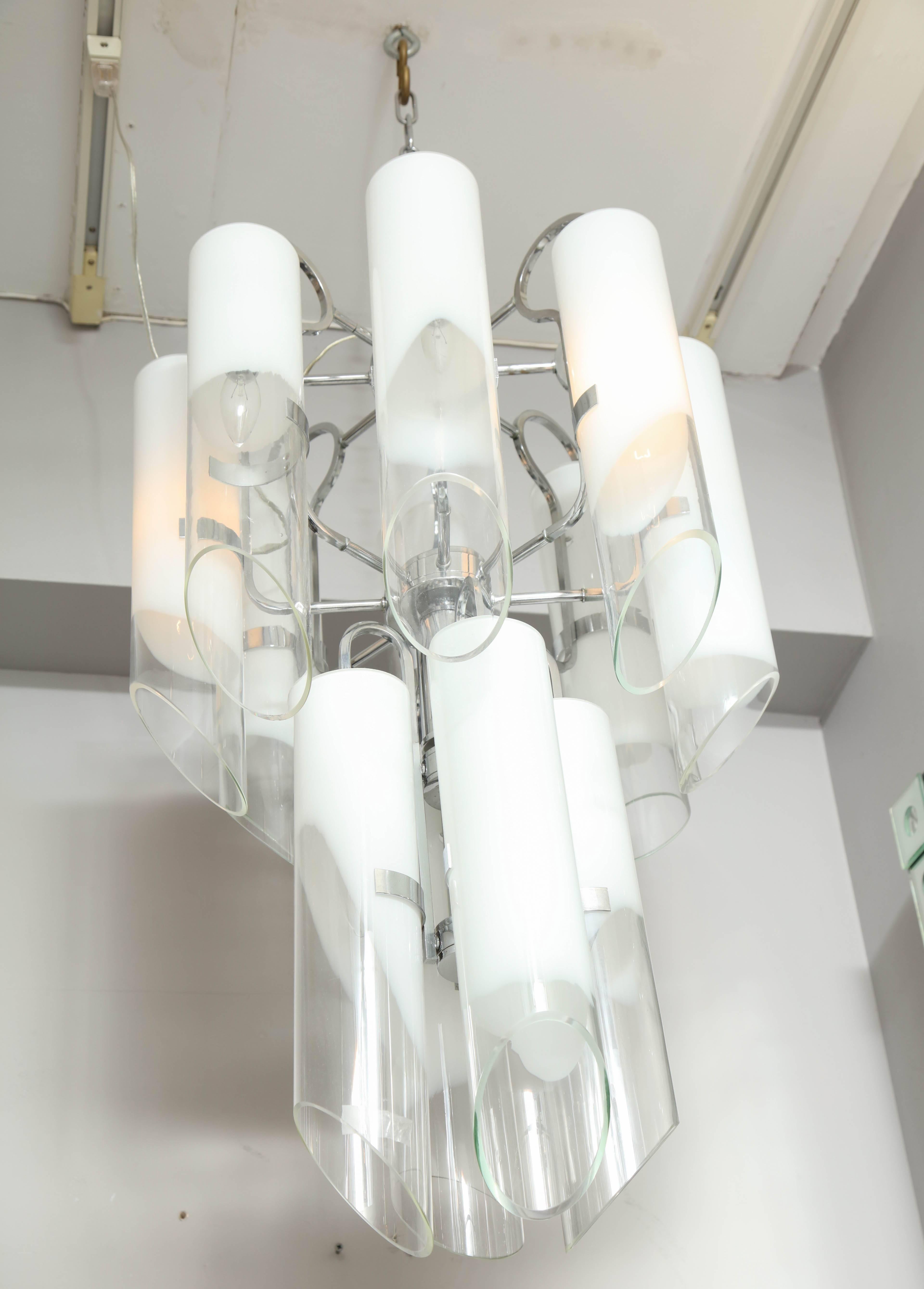 Mid-Century Modern Vintage White Mazzega Tubular Glass Chandelier For Sale