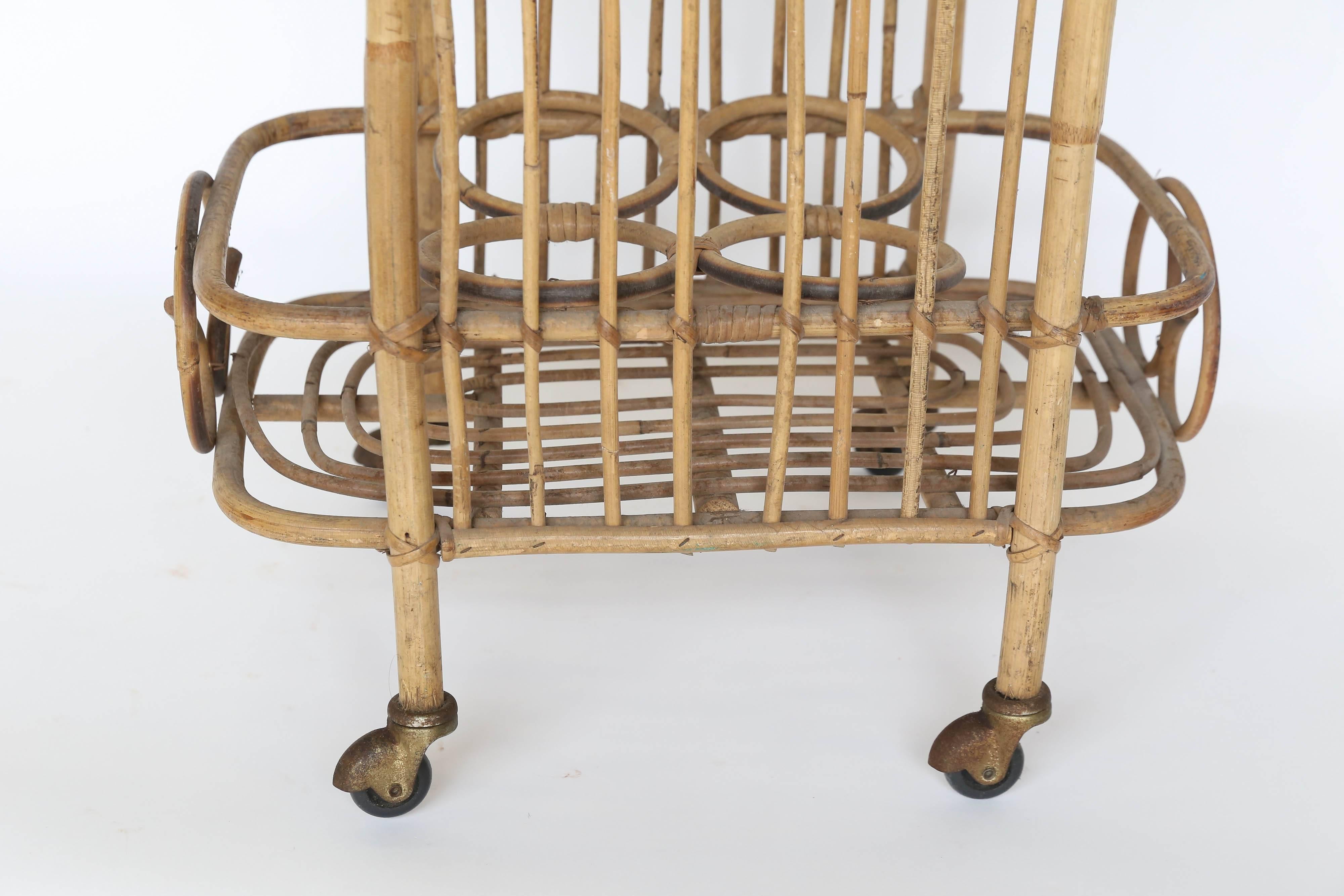 Vintage French Rattan Bar Cart In Good Condition In Houston, TX