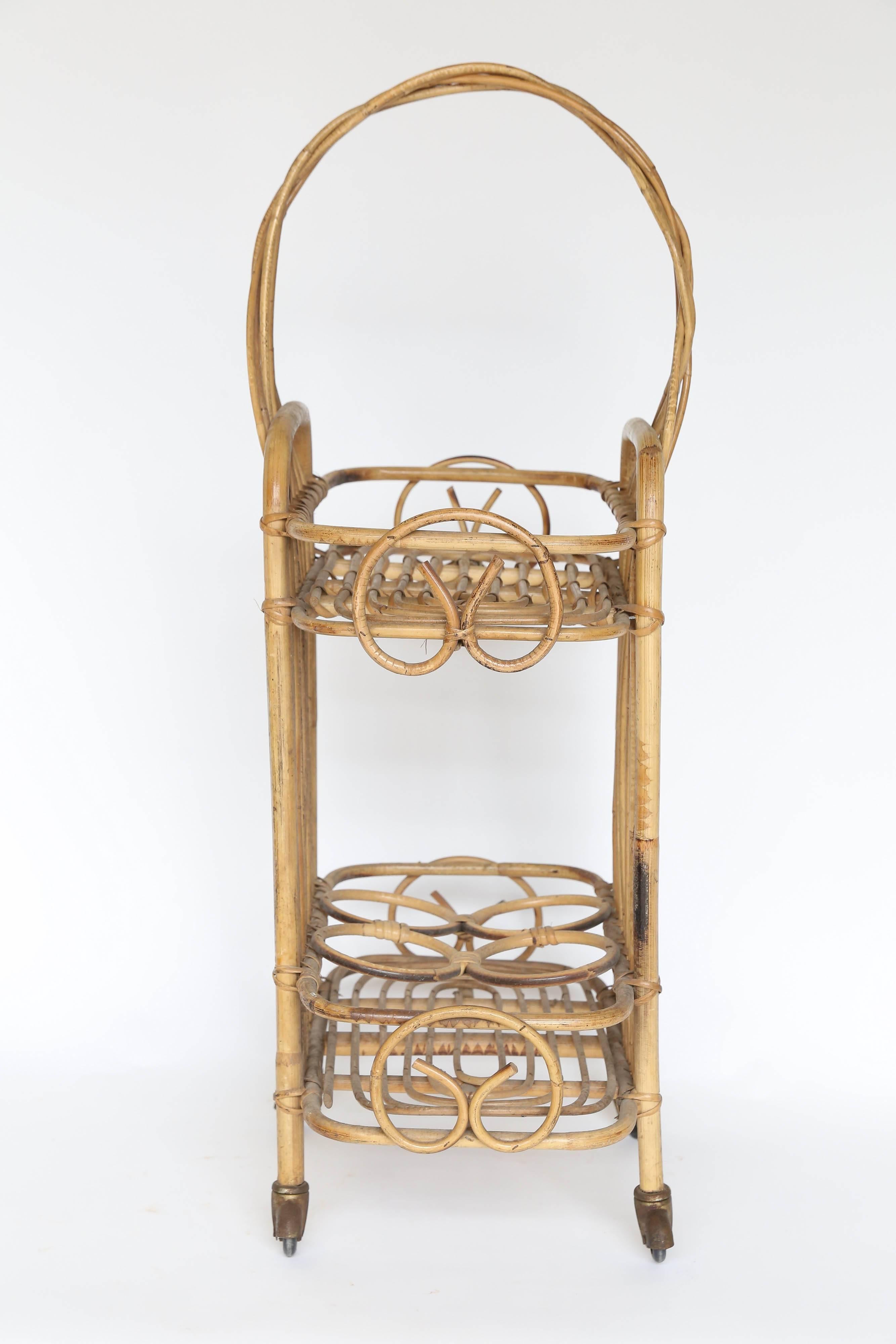 Mid-20th Century Vintage French Rattan Bar Cart