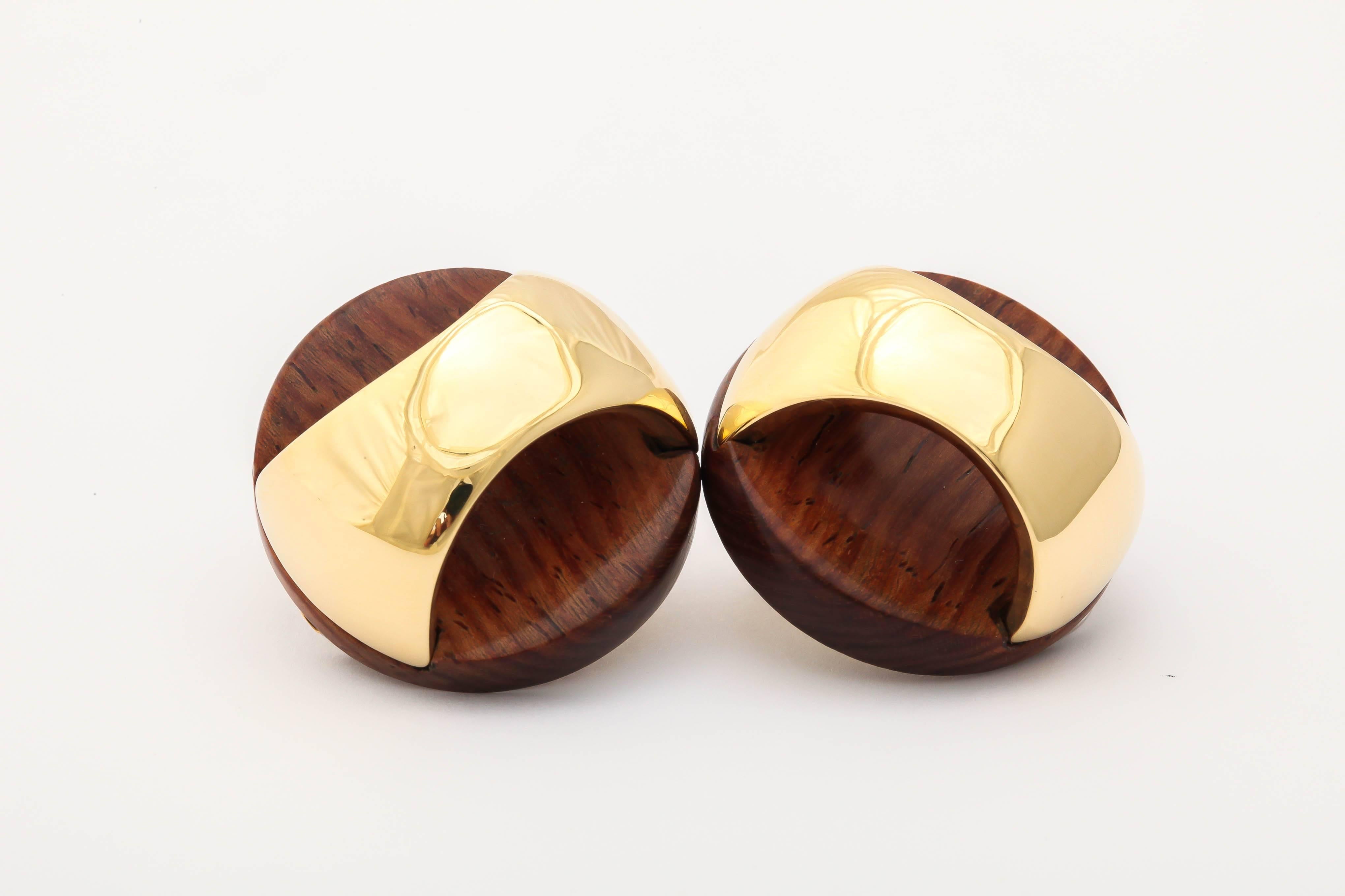 Contemporary  gold wood round earrings  For Sale