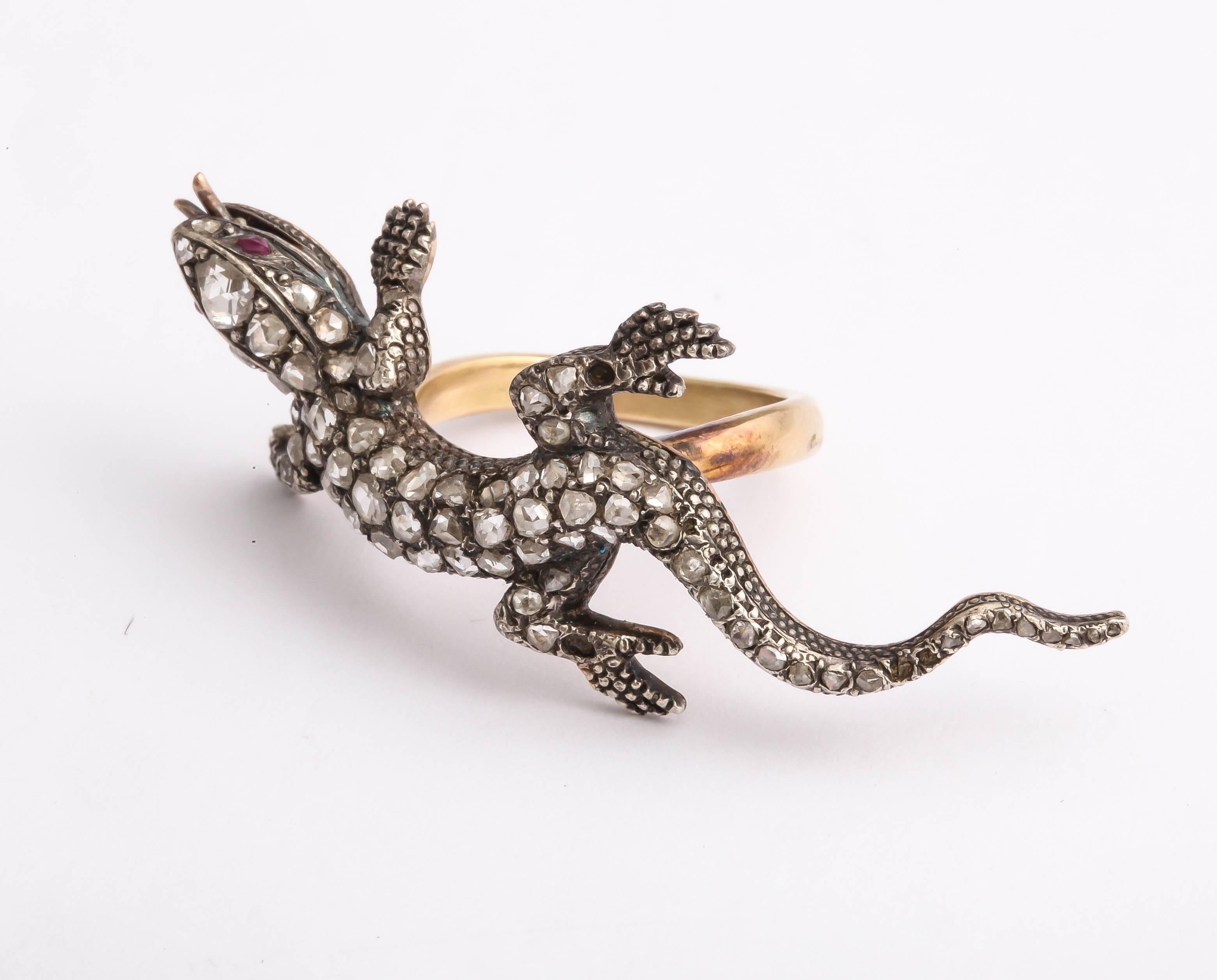 Victorian 1890s Antique Diamond Gold Salamander Ring For Sale