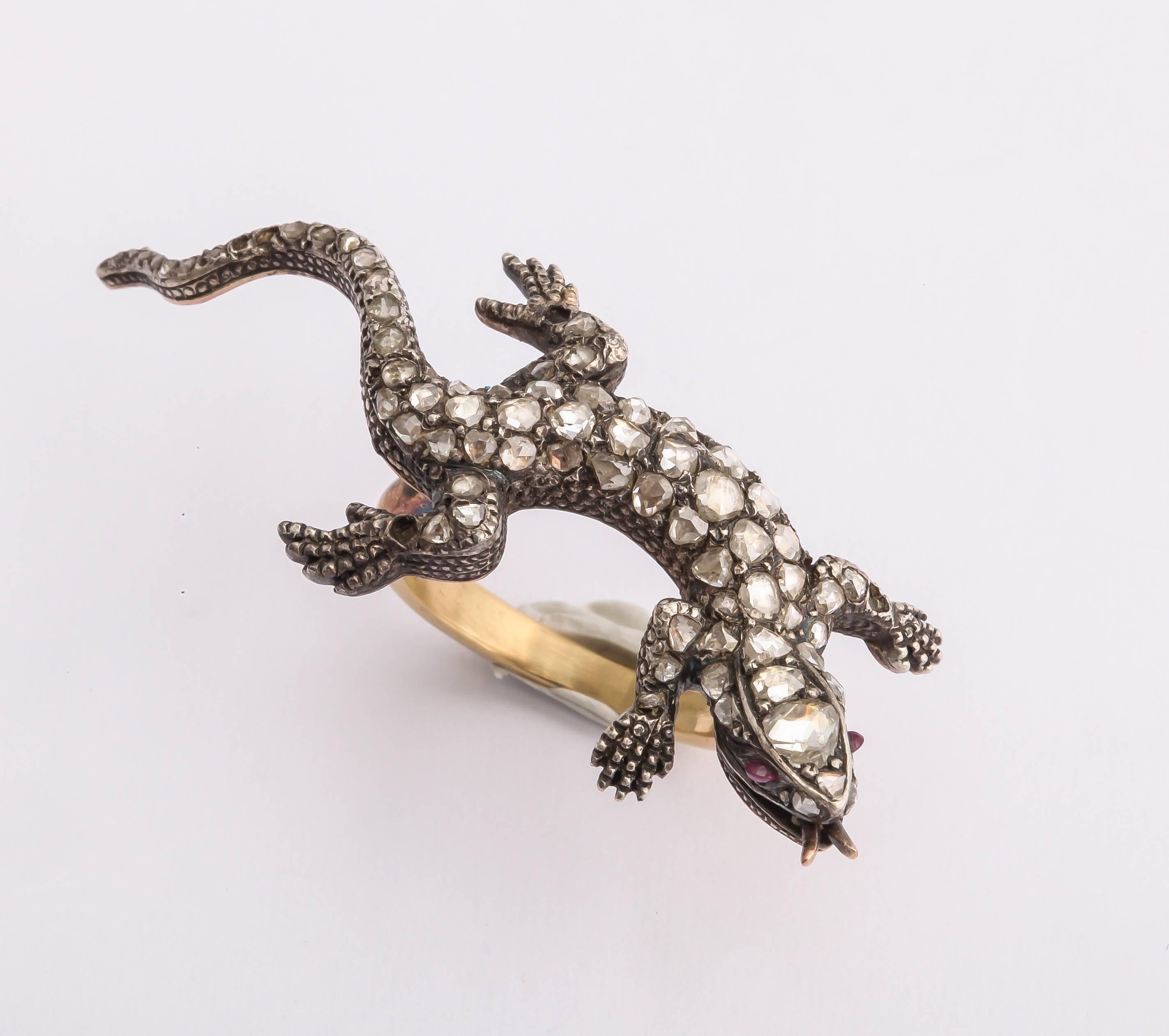 1890s Antique Diamond Gold Salamander Ring For Sale 2