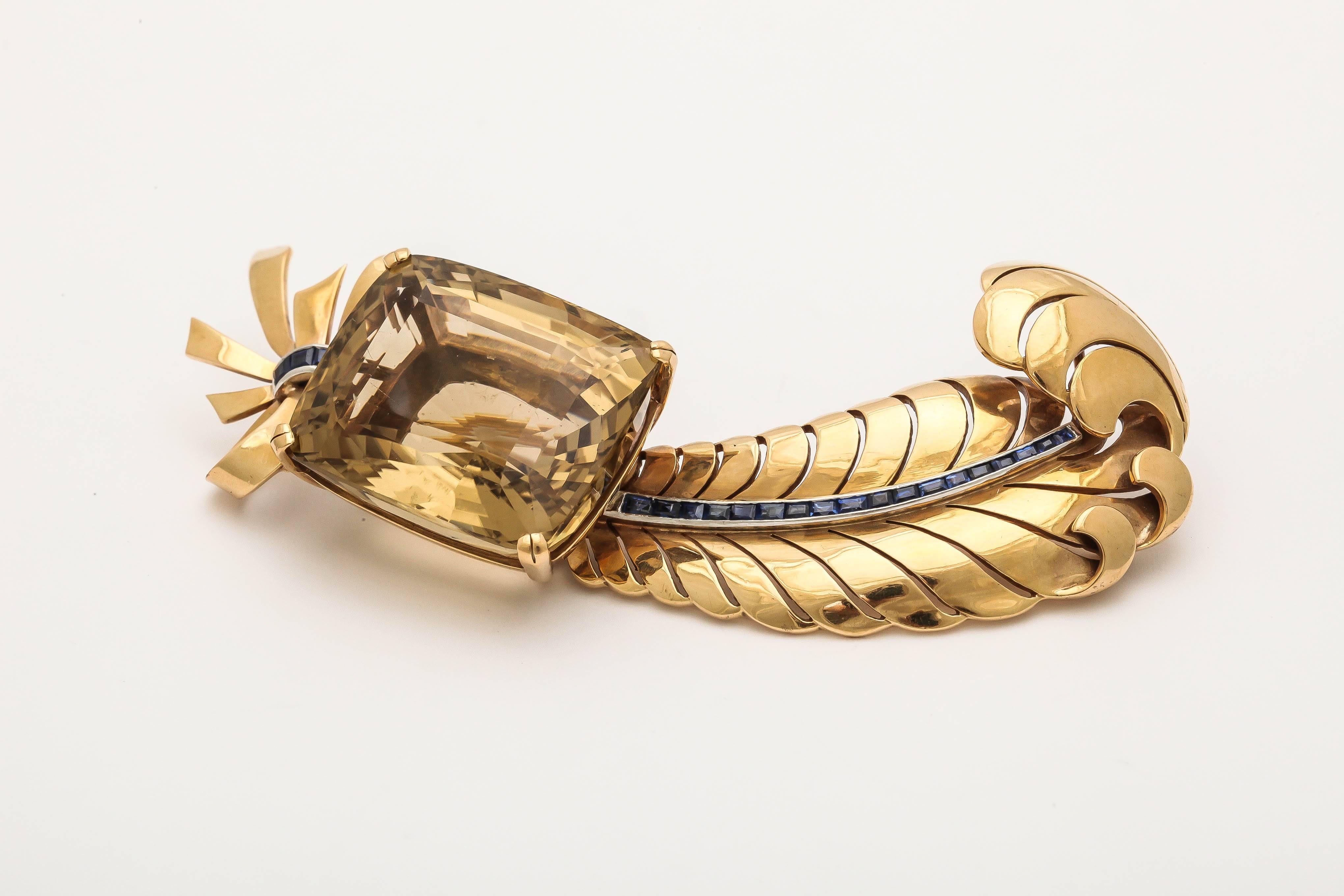 Retro Citrine Sapphire Gold Feather Pin For Sale