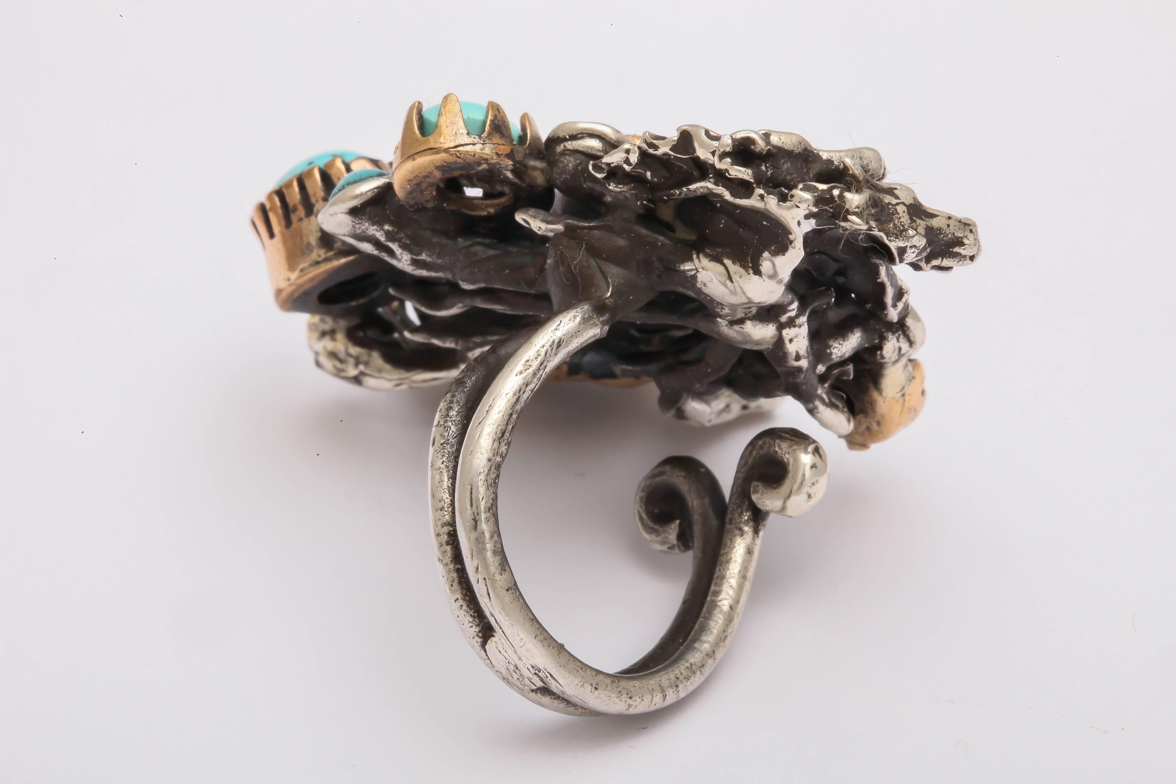 Very Large Silver, Turquoise and Horse Head Ring In New Condition In TRYON, NC