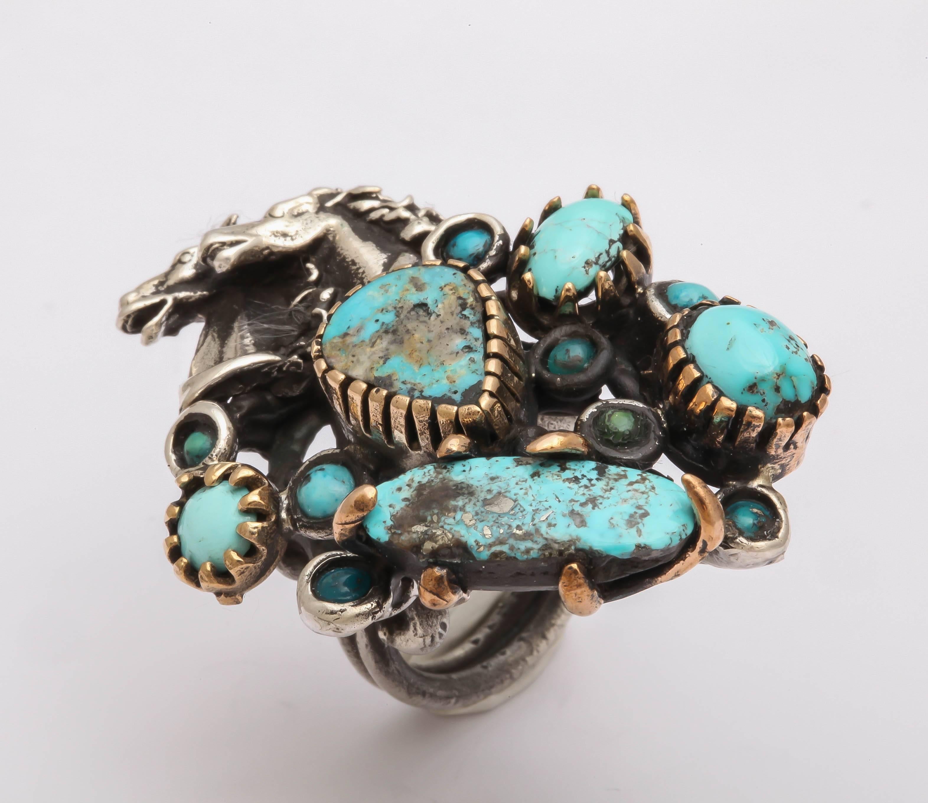 Very Large Silver, Turquoise and Horse Head Ring 1