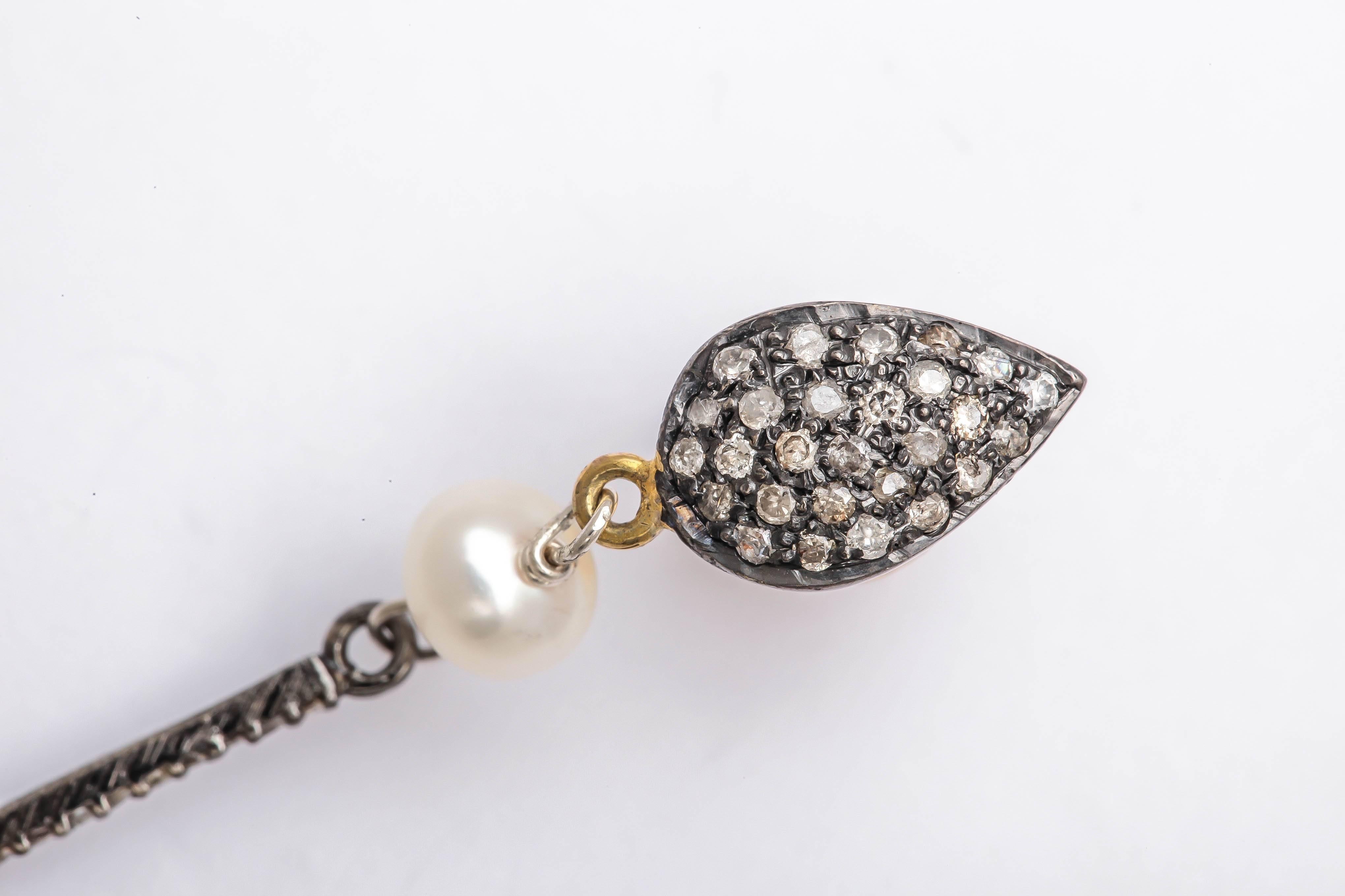 Artisan Long Elegant Pearl and Diamond Earrings For Sale