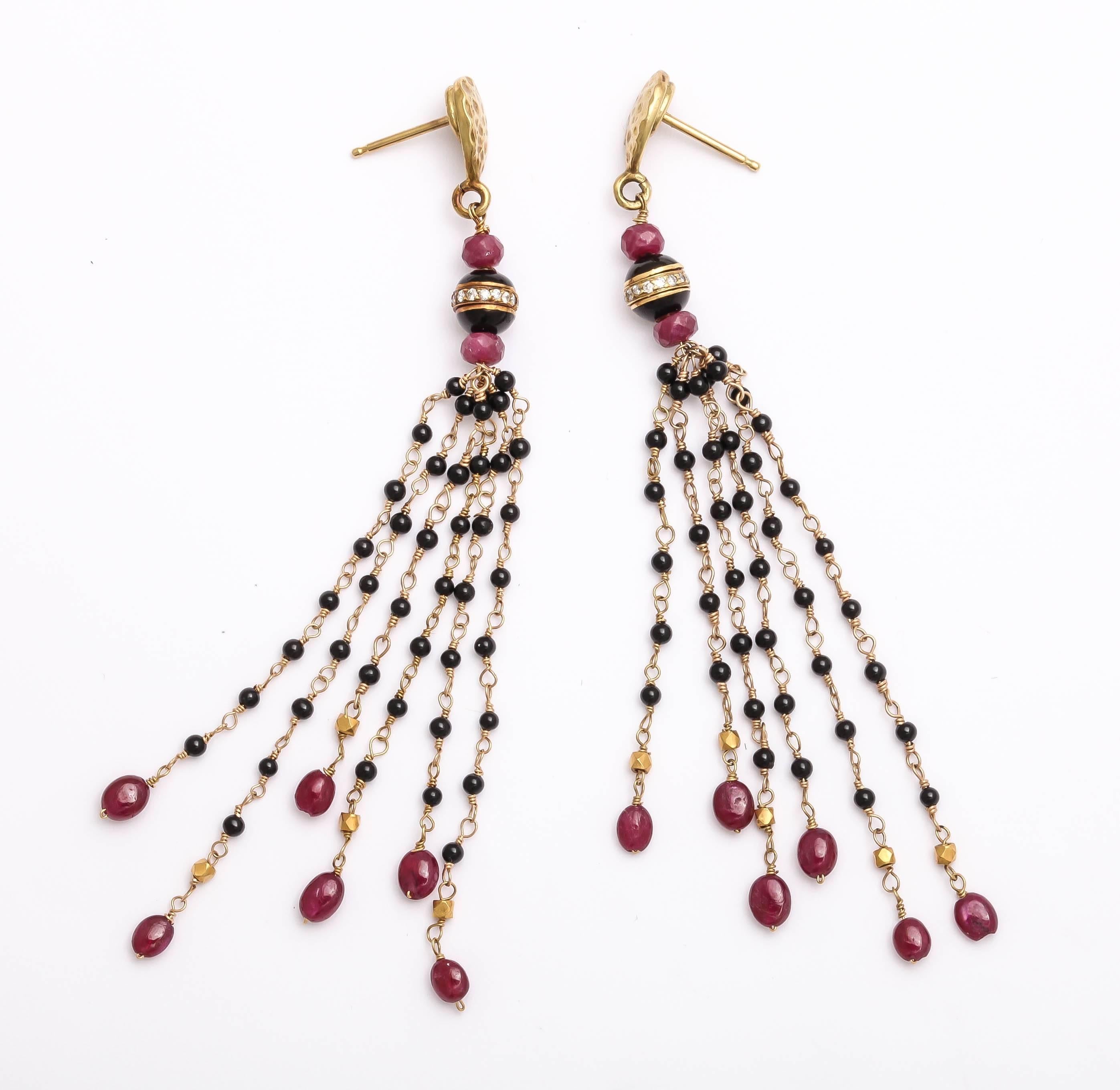 Artisan Equisite Handmade Ruby and Black Onyx Dangle Earrings For Sale