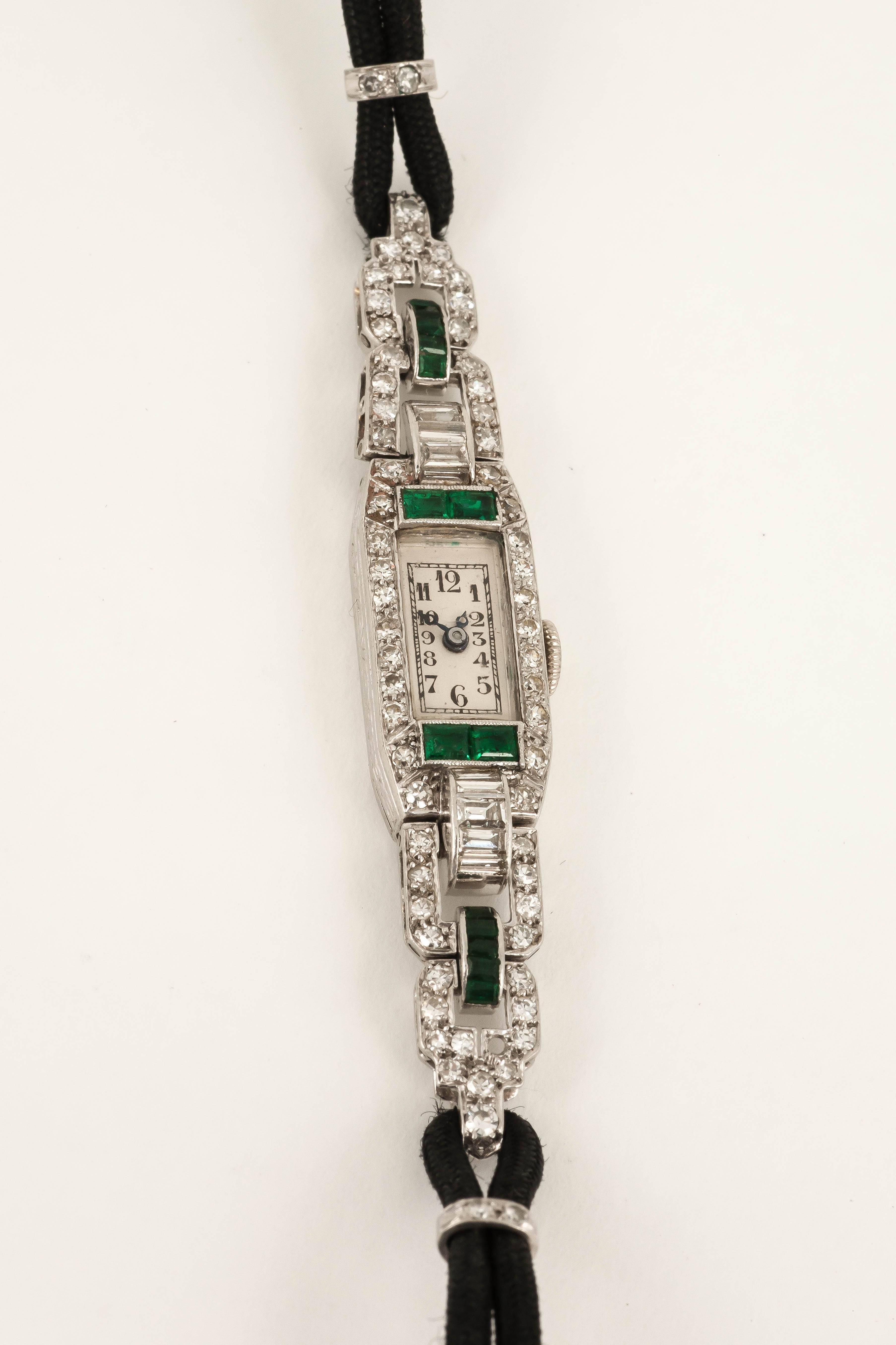 Women's Art Deco Lady's Platinum Diamond Emerald Wristwatch