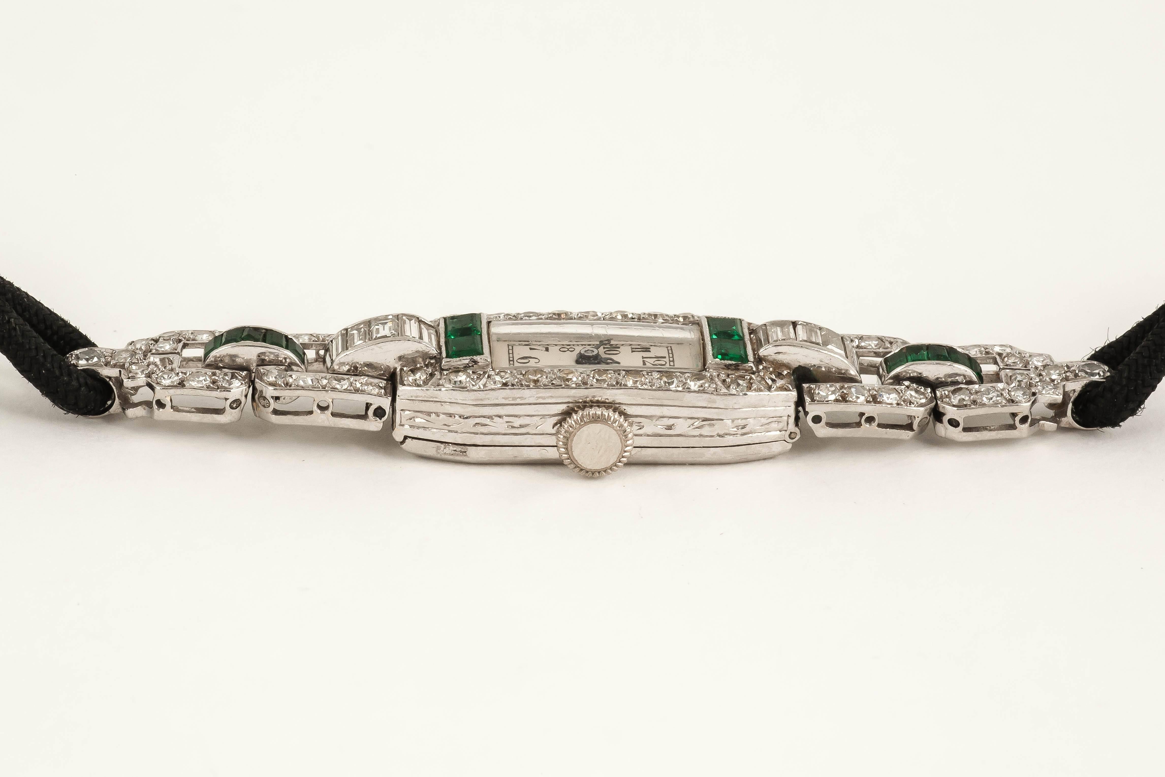 Art Deco Lady's Platinum Diamond Emerald Wristwatch 1