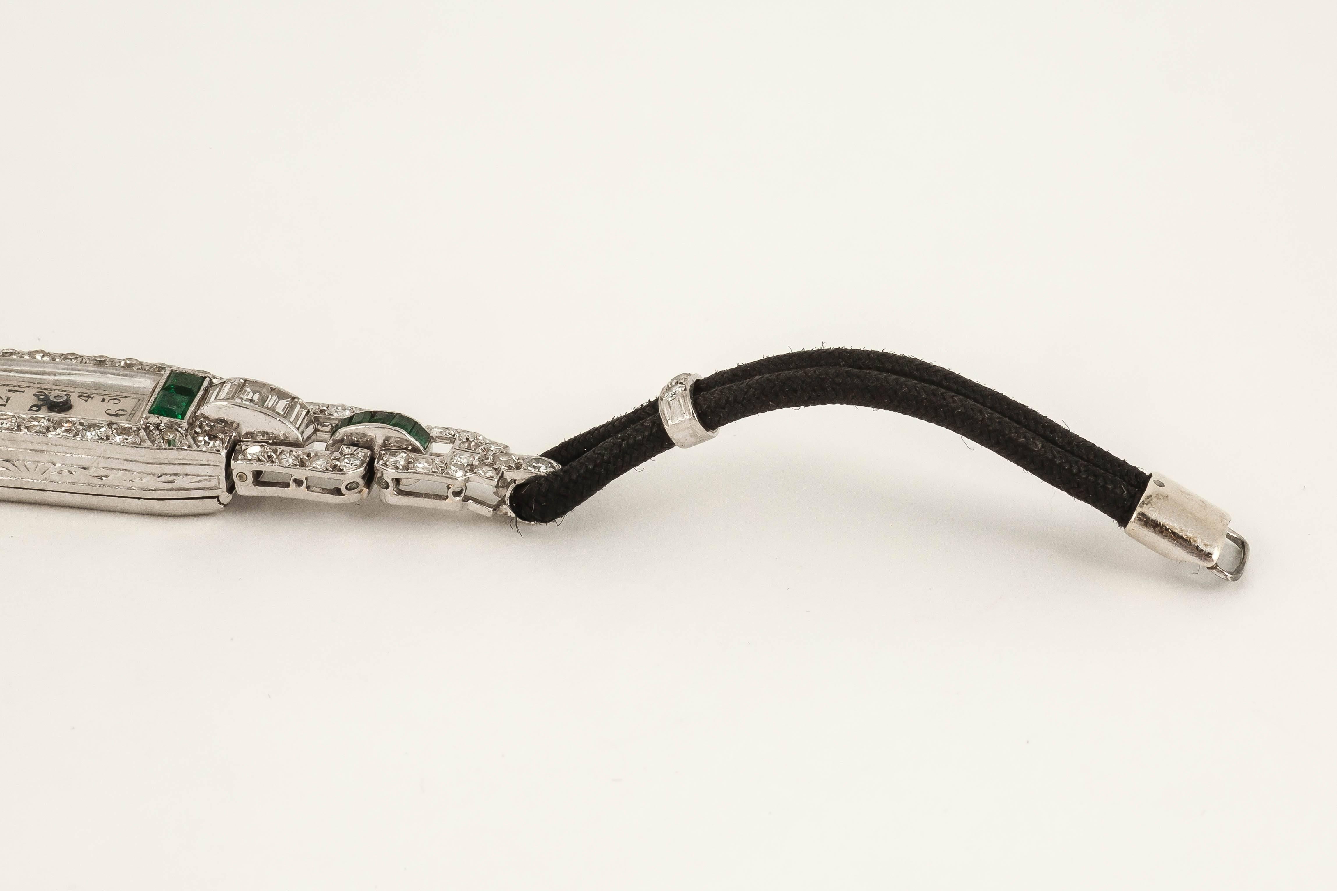 Art Deco Lady's Platinum Diamond Emerald Wristwatch 2