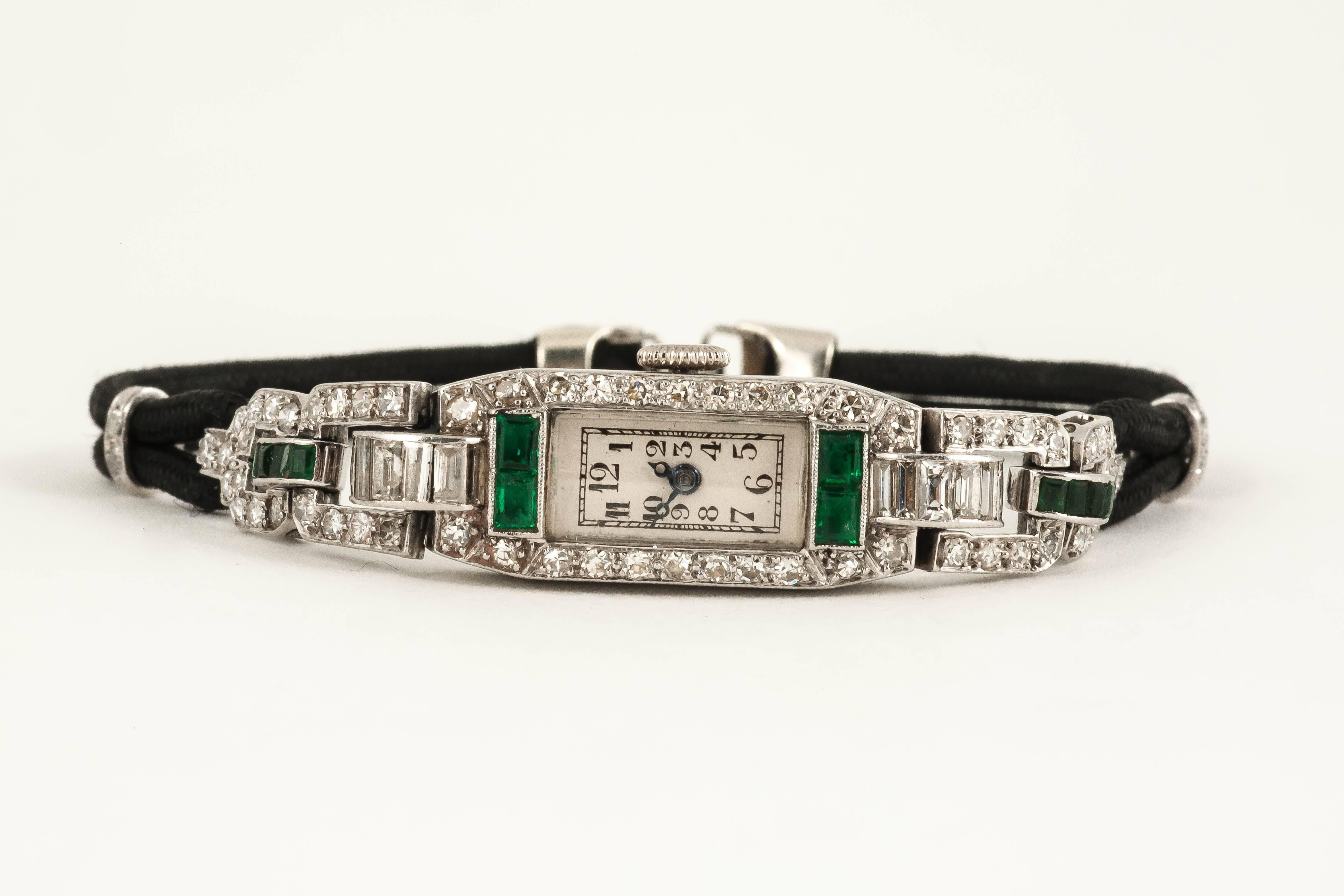 Art Deco Lady's Platinum Diamond Emerald Wristwatch 4