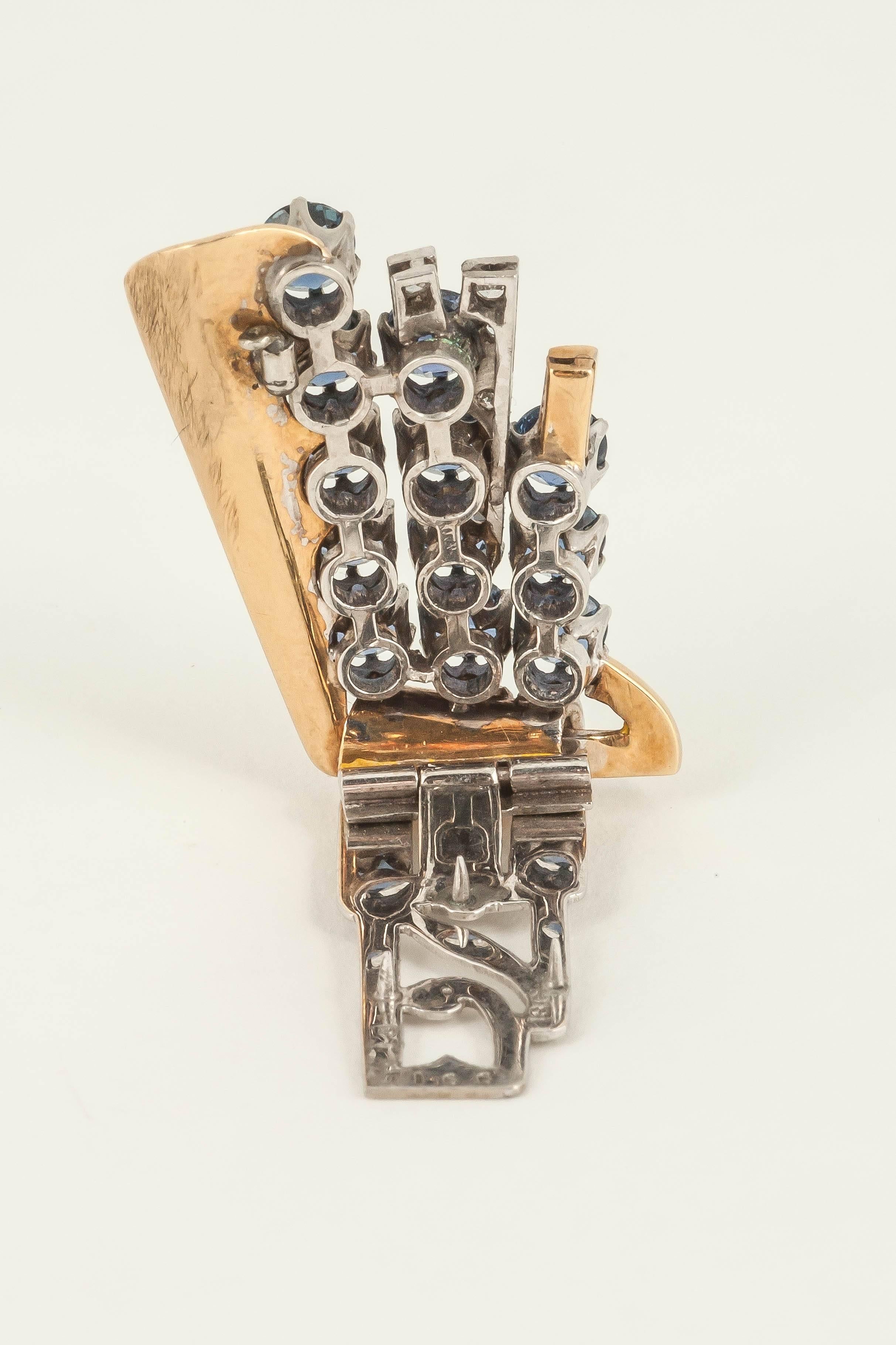 Women's 1940s English sapphire diamond gold clip brooch For Sale