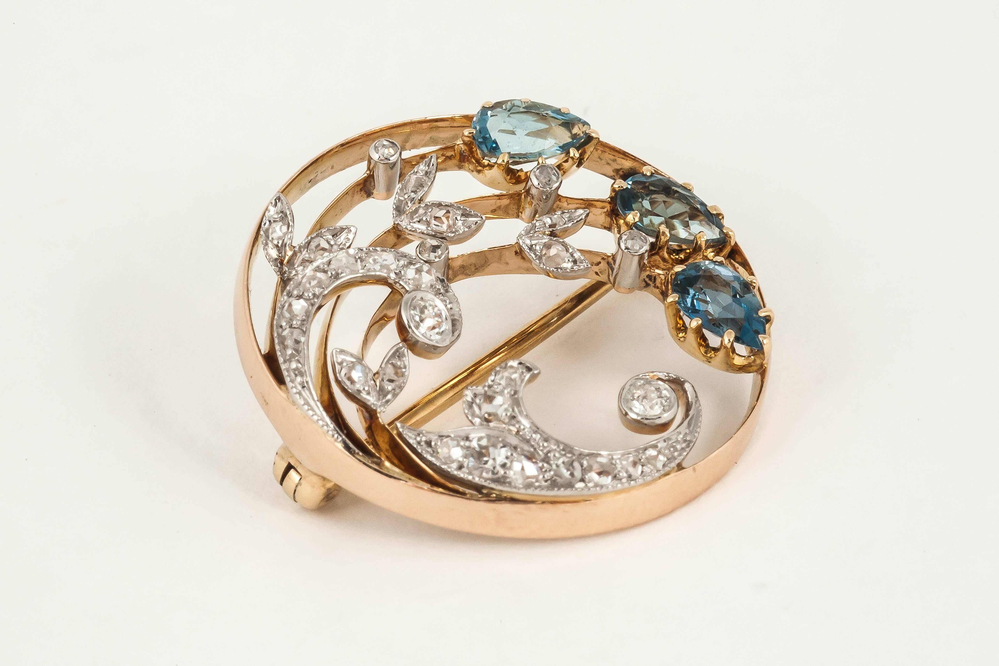 Edwardian Aquamarine Diamond Gold Circle Brooch 1