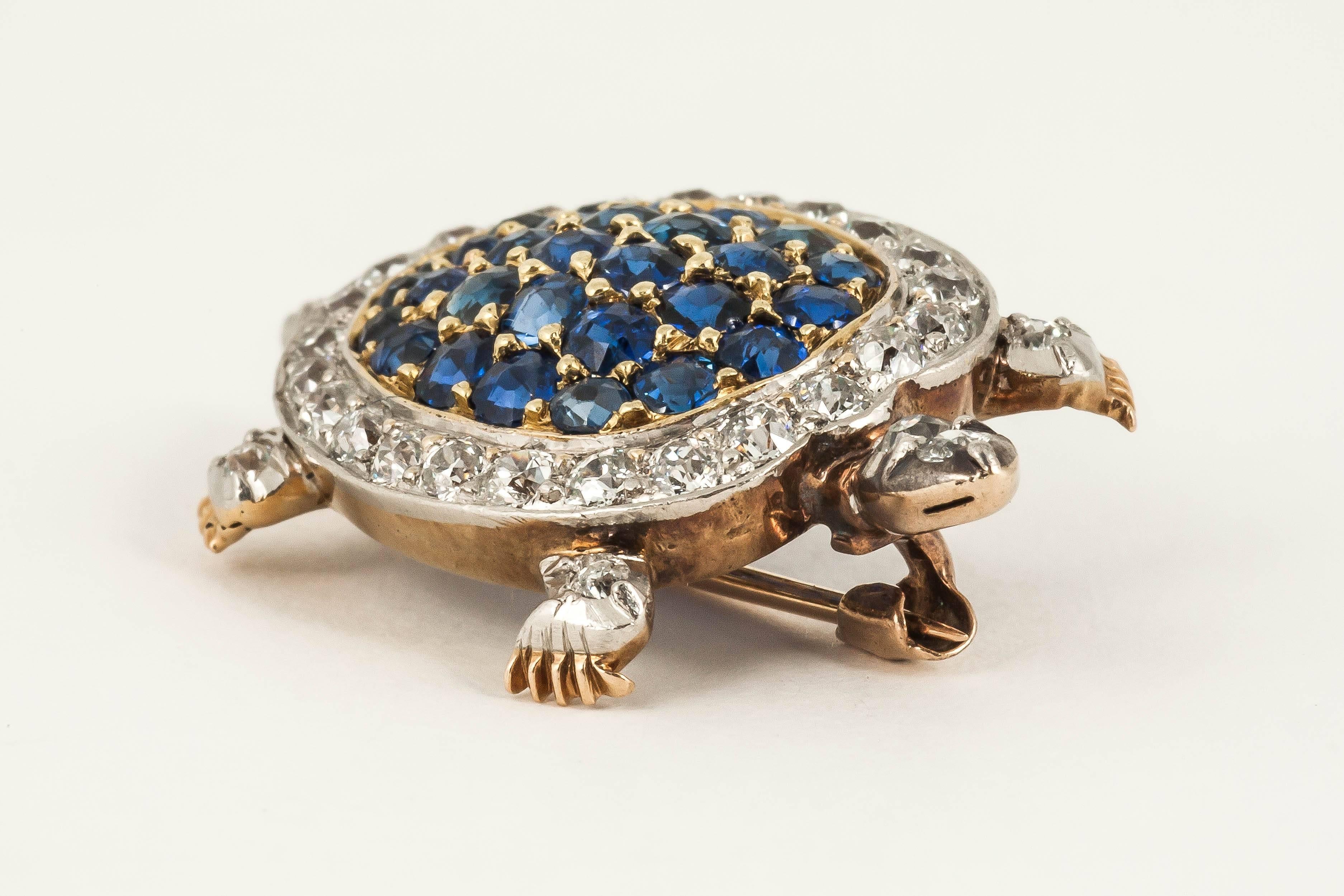 High Victorian Ceylon sapphire diamond gold platinum Tortoise brooch 