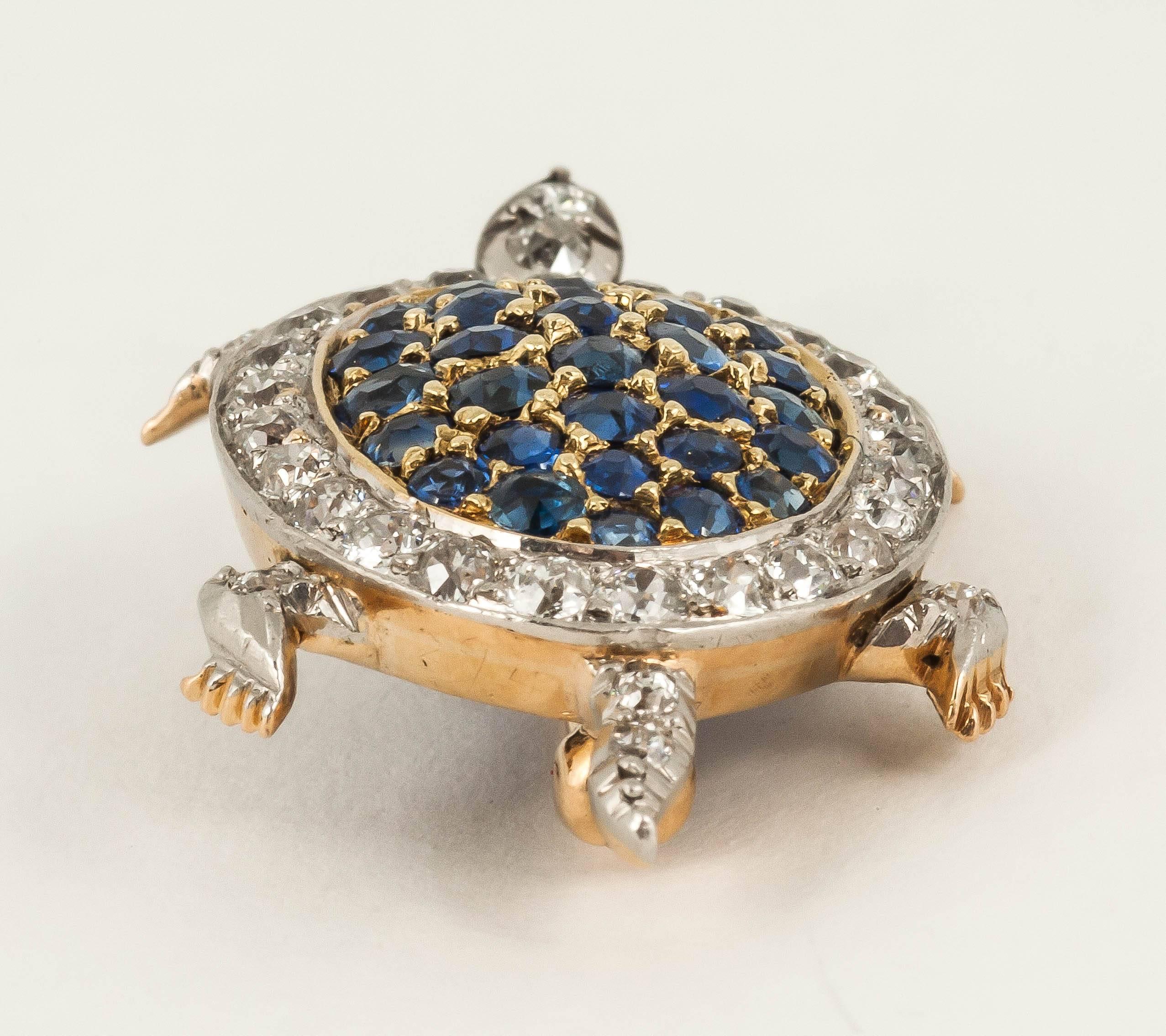 Women's Ceylon sapphire diamond gold platinum Tortoise brooch 