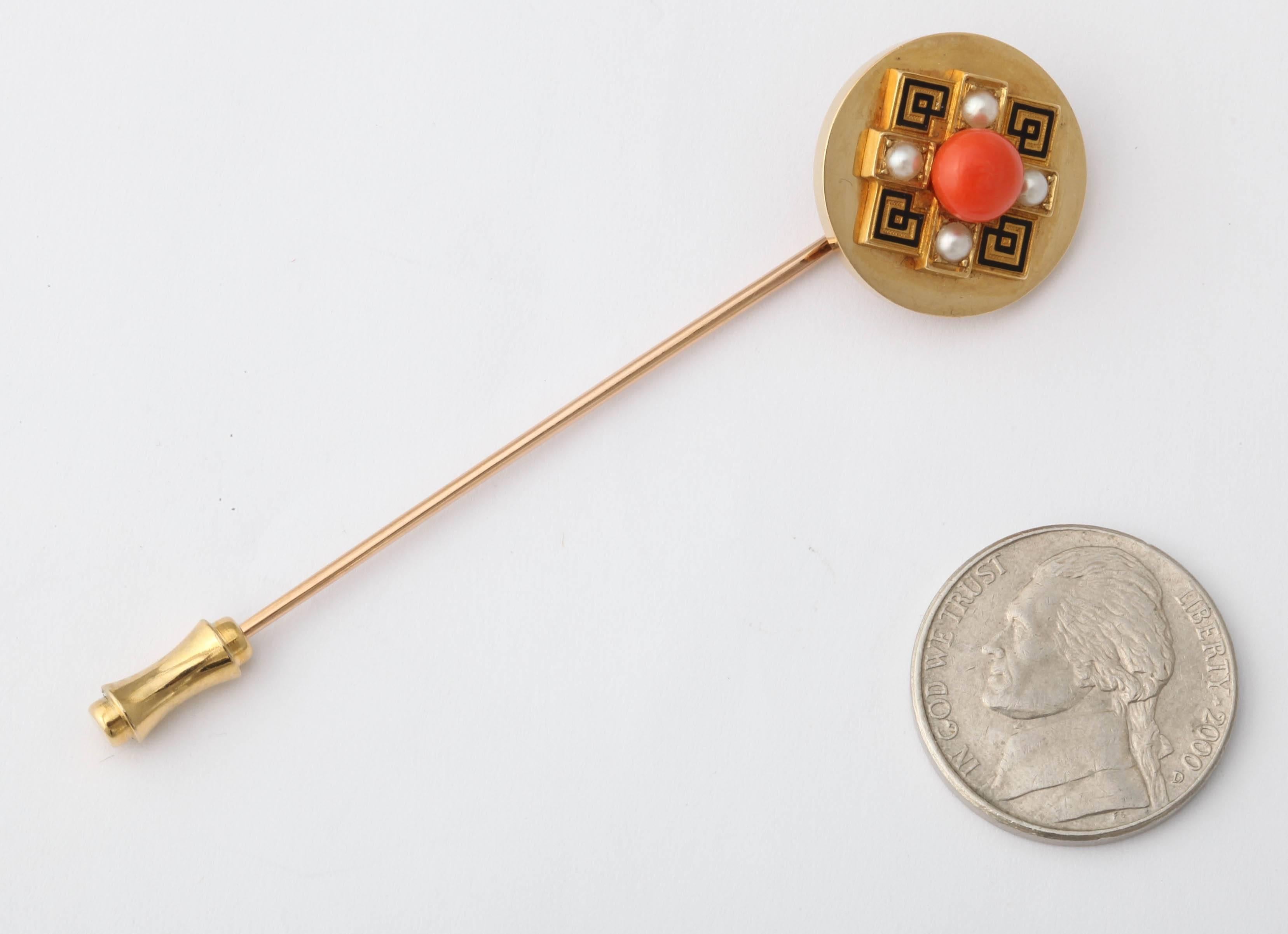 1925 French Coral Pearl Enameled Gold Tie Pin 1