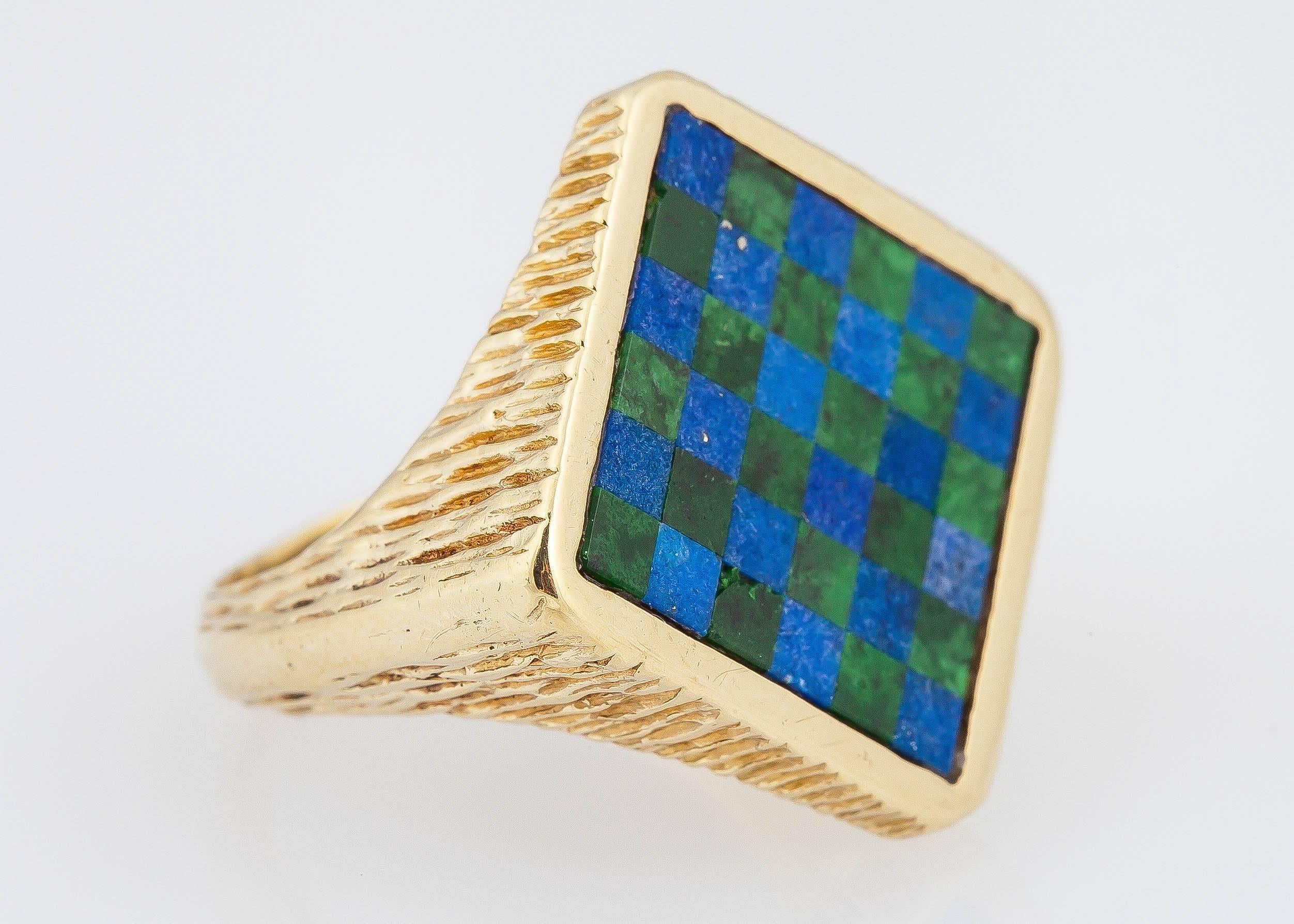 Tiffany & Co. Lapis gold Checkerboard Ring In Excellent Condition For Sale In New York, NY