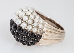 1950s French Pearl Onyx gold Domed Ring