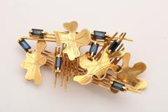 Abstract Sapphire Gold Leaf Brooch