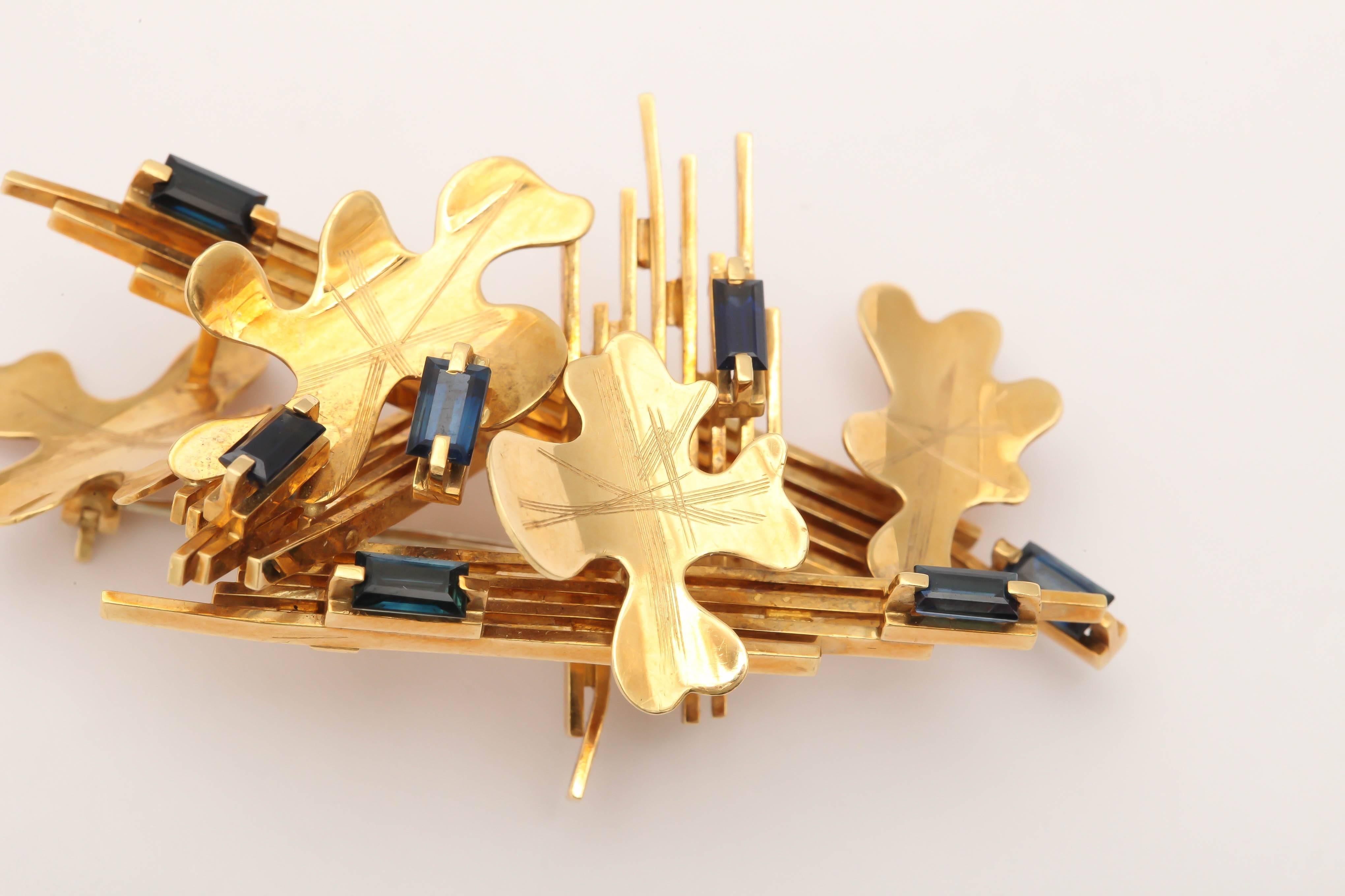 Abstract Sapphire Gold Leaf Brooch For Sale 2