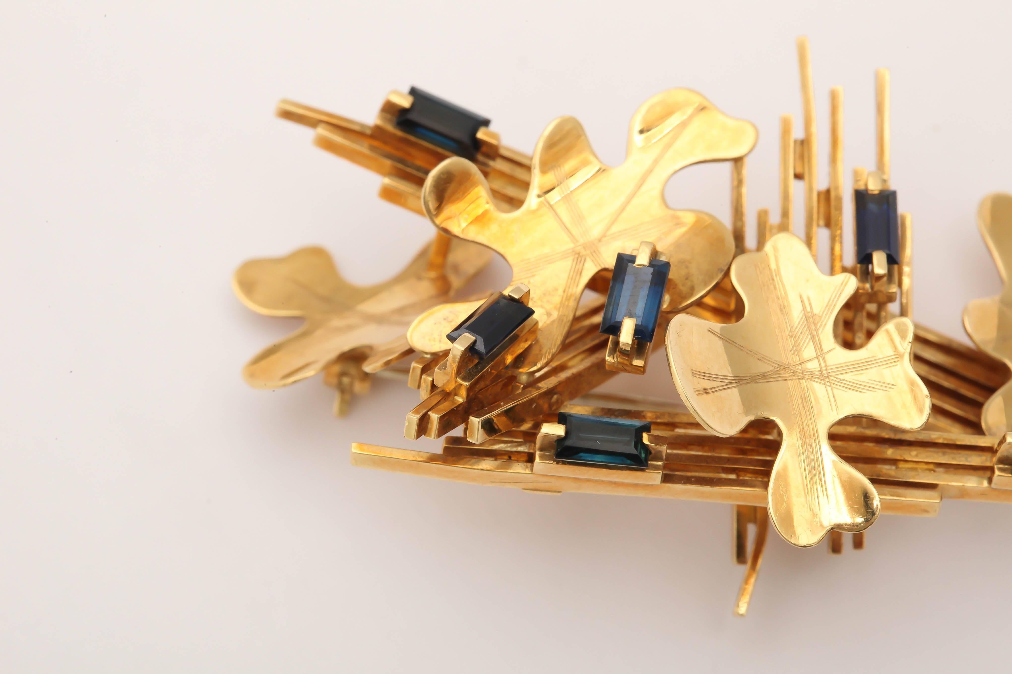 Abstract Sapphire Gold Leaf Brooch For Sale 3