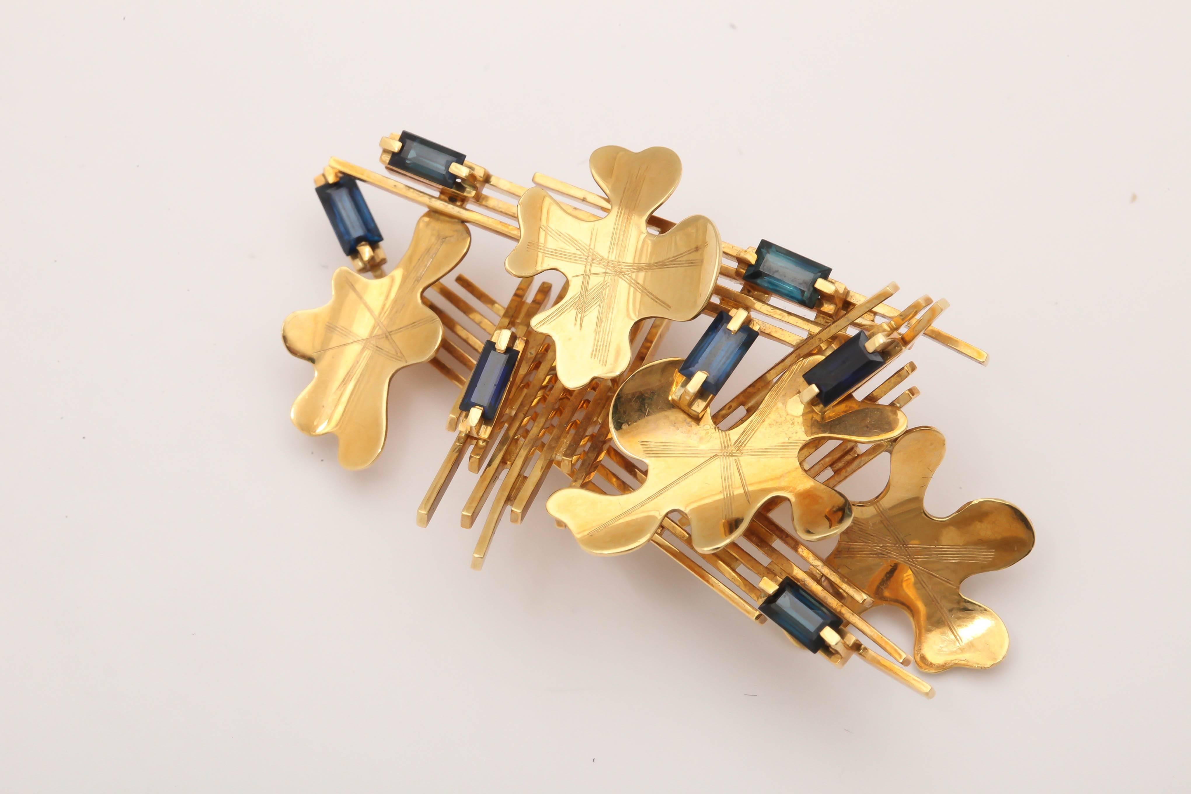 Abstract Sapphire Gold Leaf Brooch For Sale 4