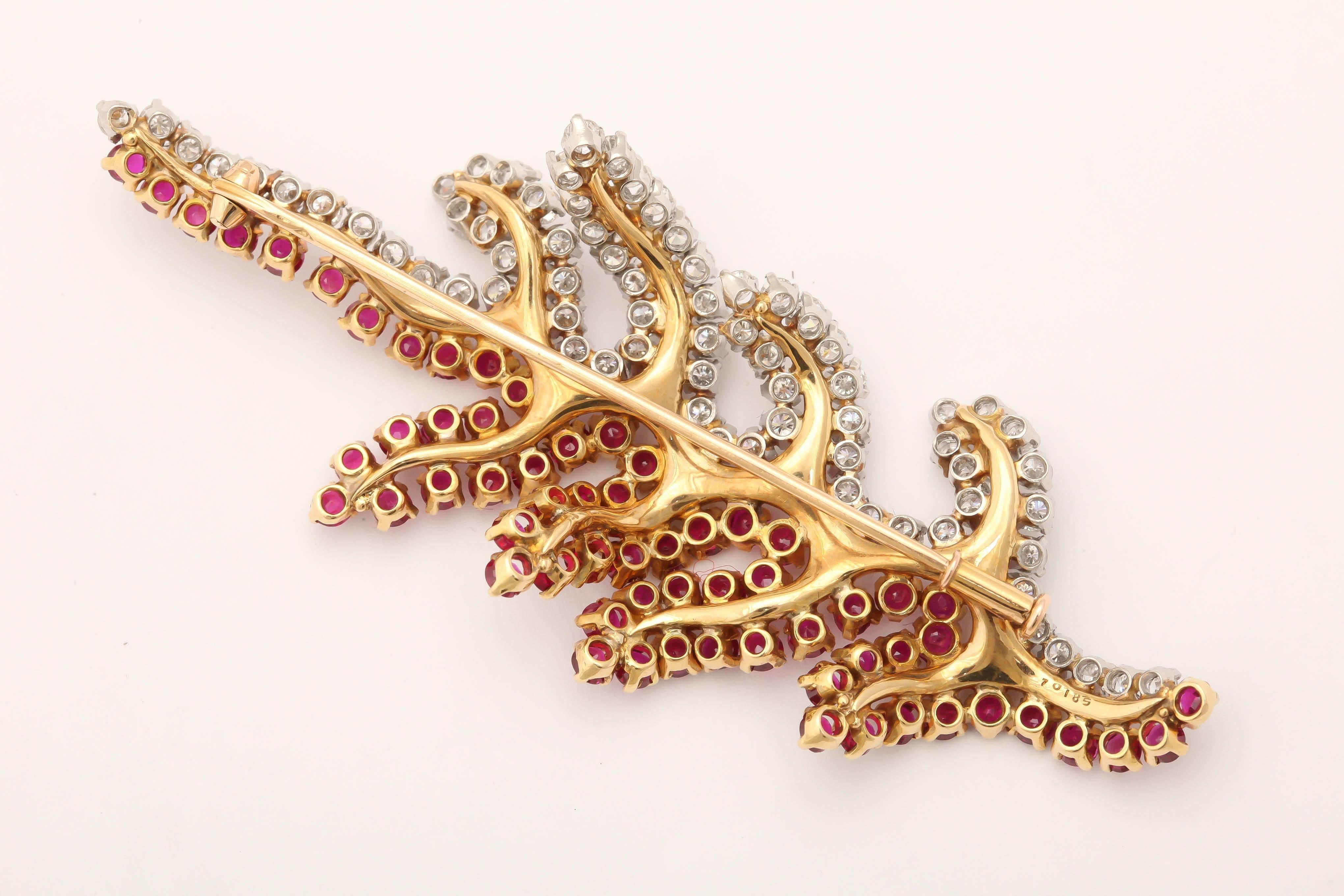 Contemporary 1950s Fabulous Ruby Diamond gold Leaf Brooch
