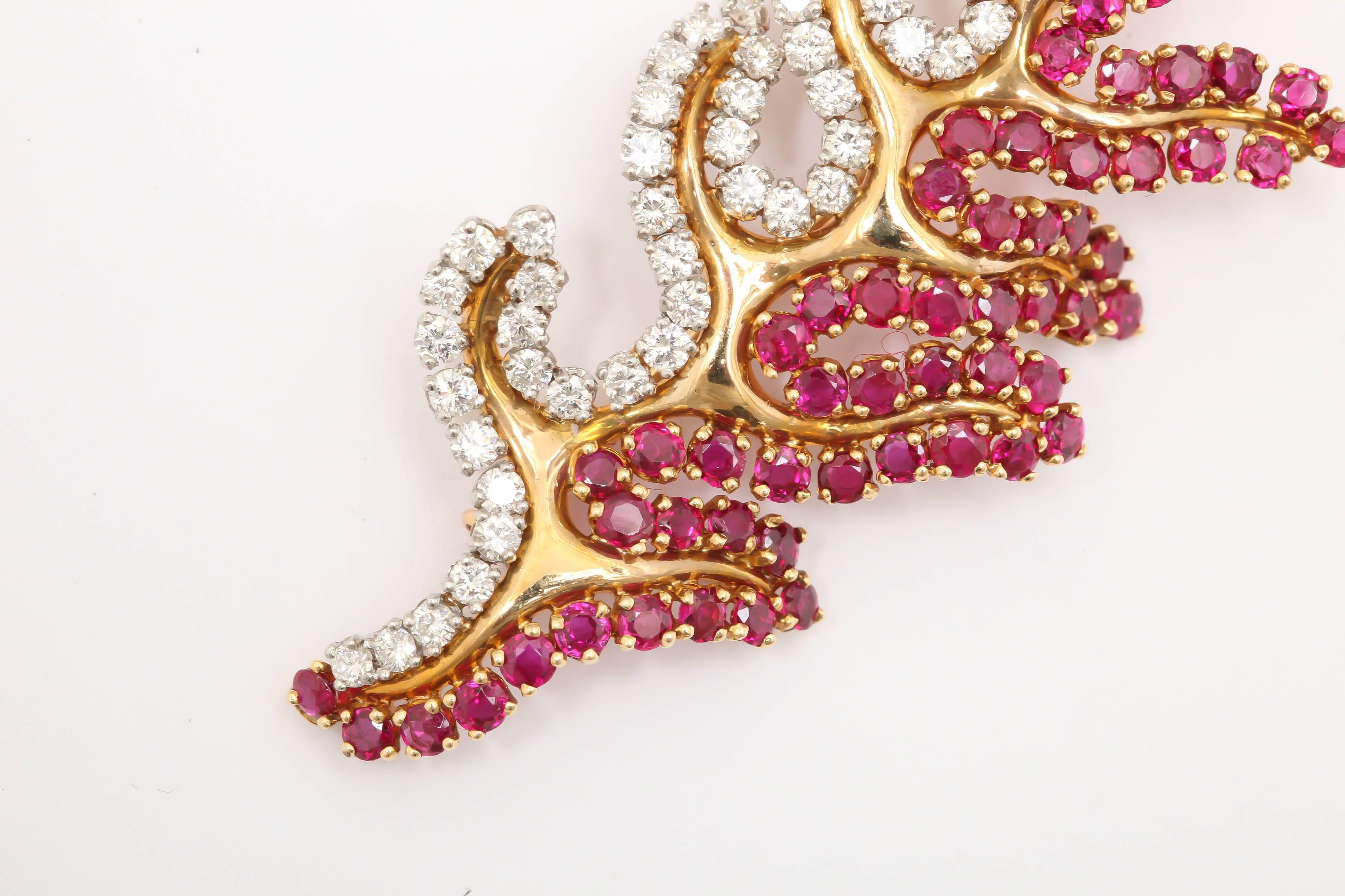 Women's or Men's 1950s Fabulous Ruby Diamond gold Leaf Brooch