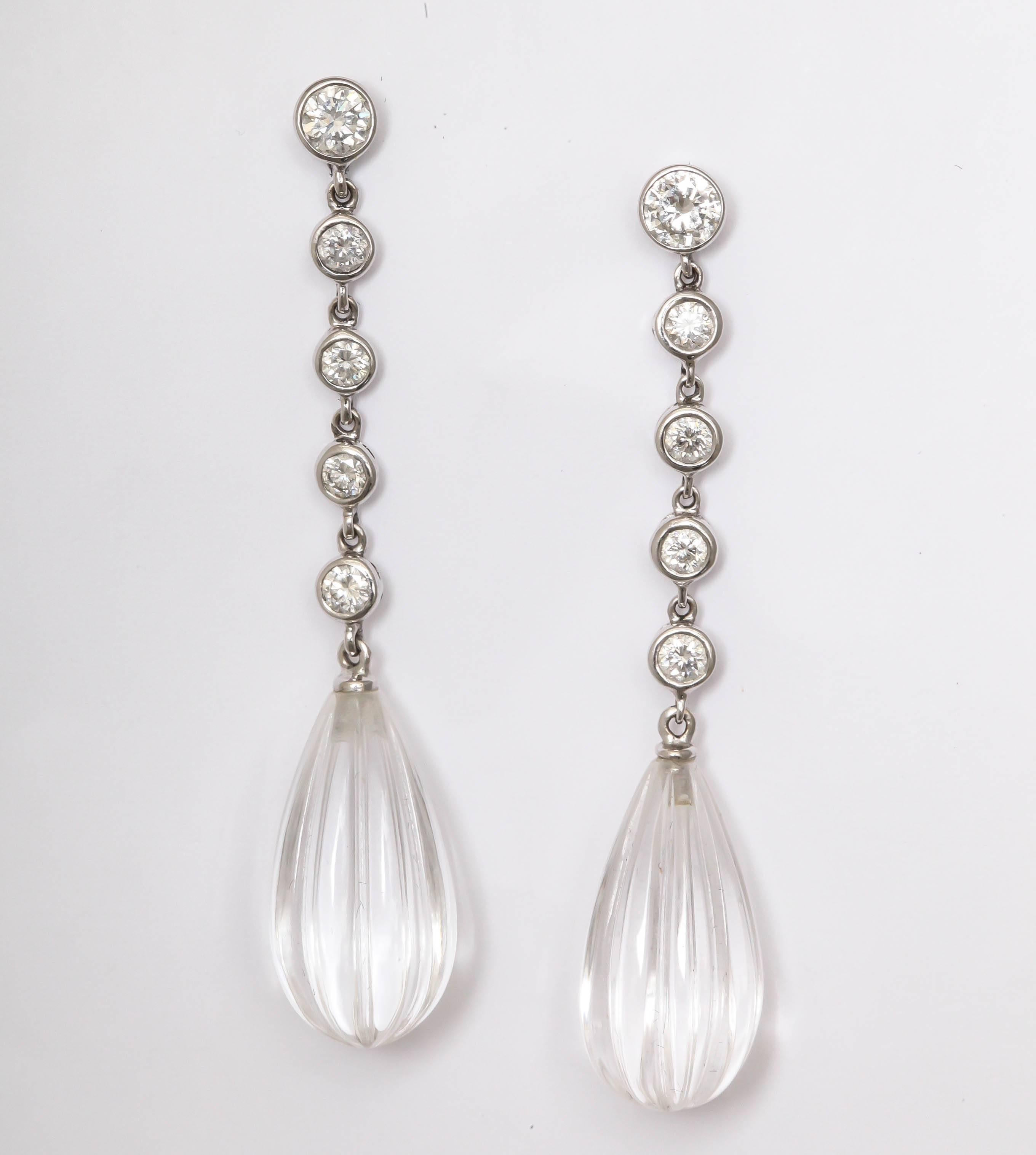 Art Deco Carved Rock Crystal Bezel set Diamond Gold Drop Earrings