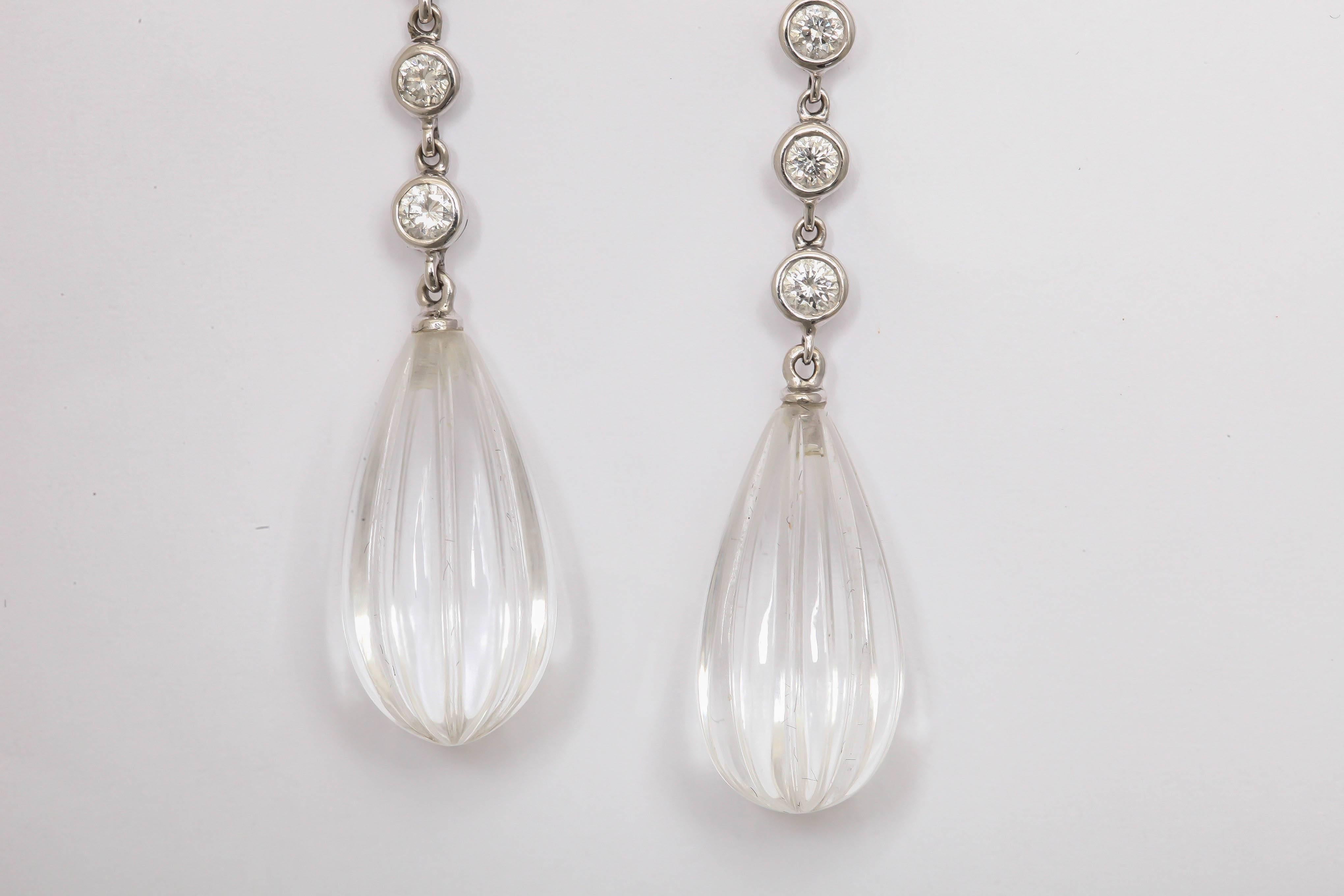 Carved Rock Crystal Bezel set Diamond Gold Drop Earrings In Excellent Condition In New York, NY