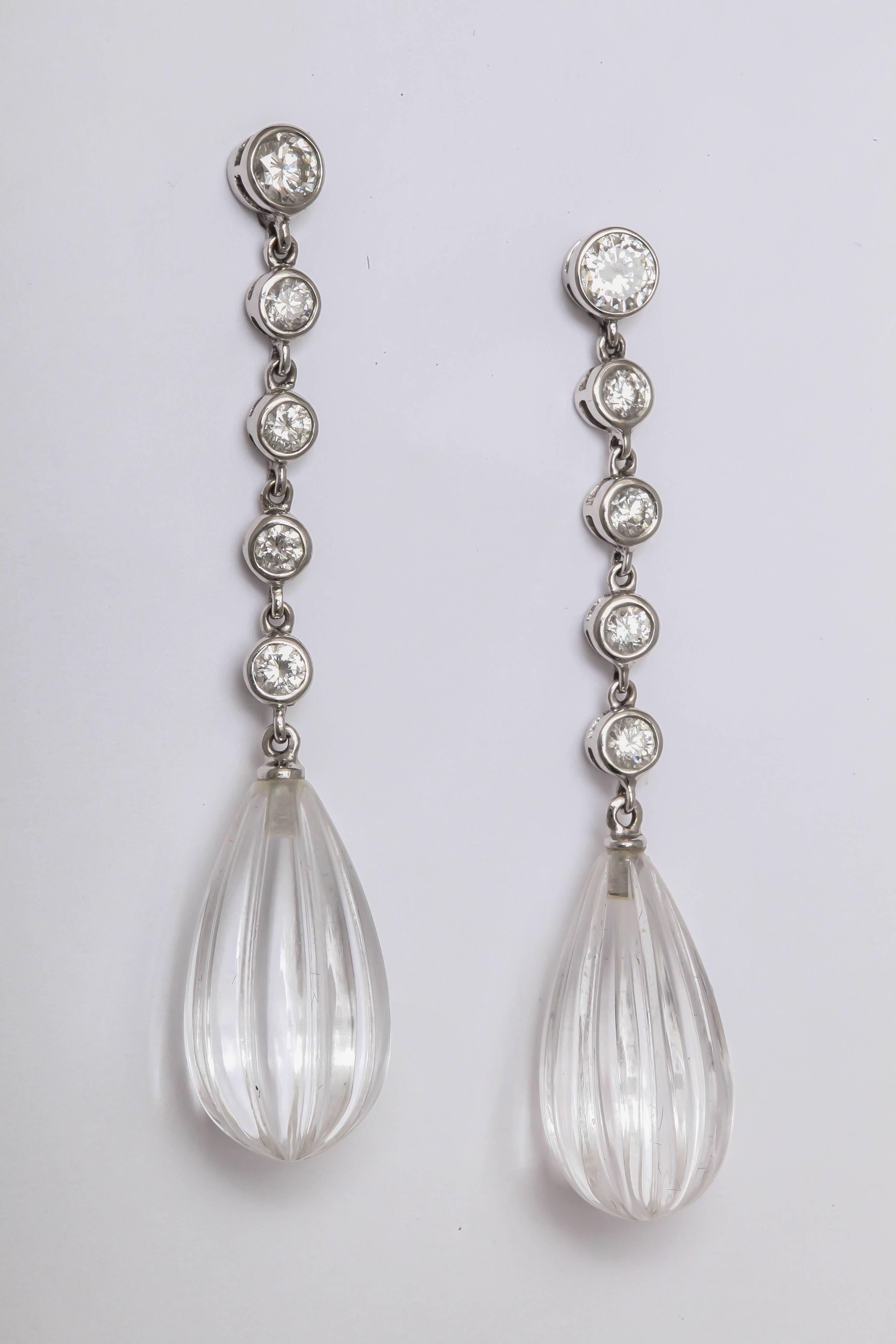 Women's Carved Rock Crystal Bezel set Diamond Gold Drop Earrings