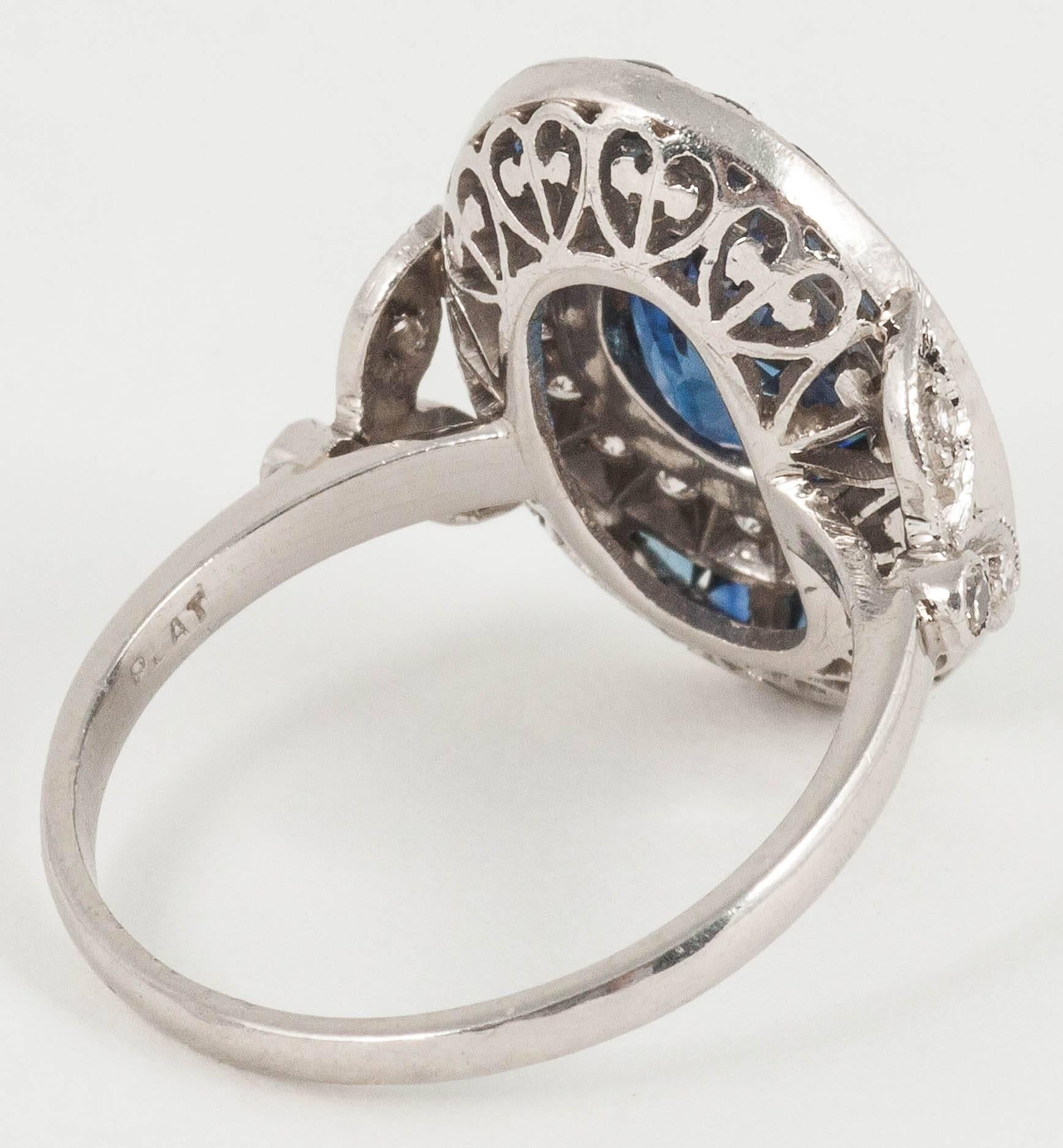 Art Deco Oval Sapphire Diamond platinum cluster ring For Sale