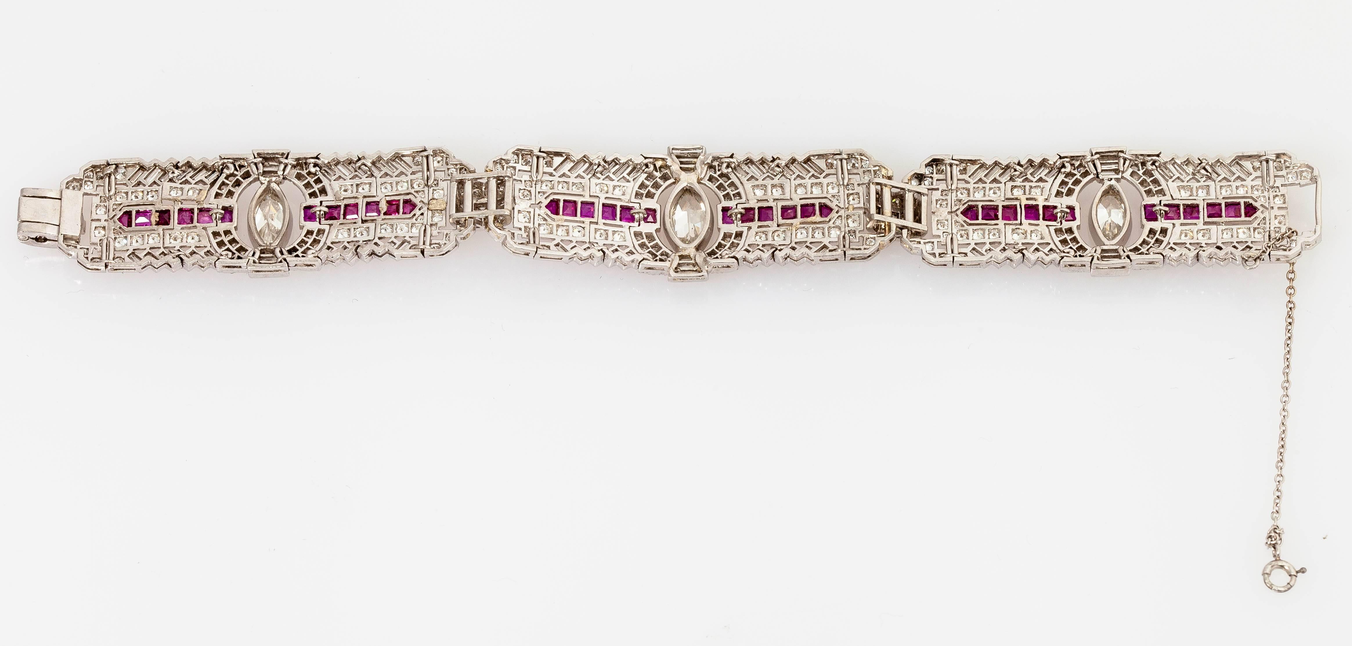 Pear Cut Ruby Diamond Platinum Art Deco Bracelet For Sale
