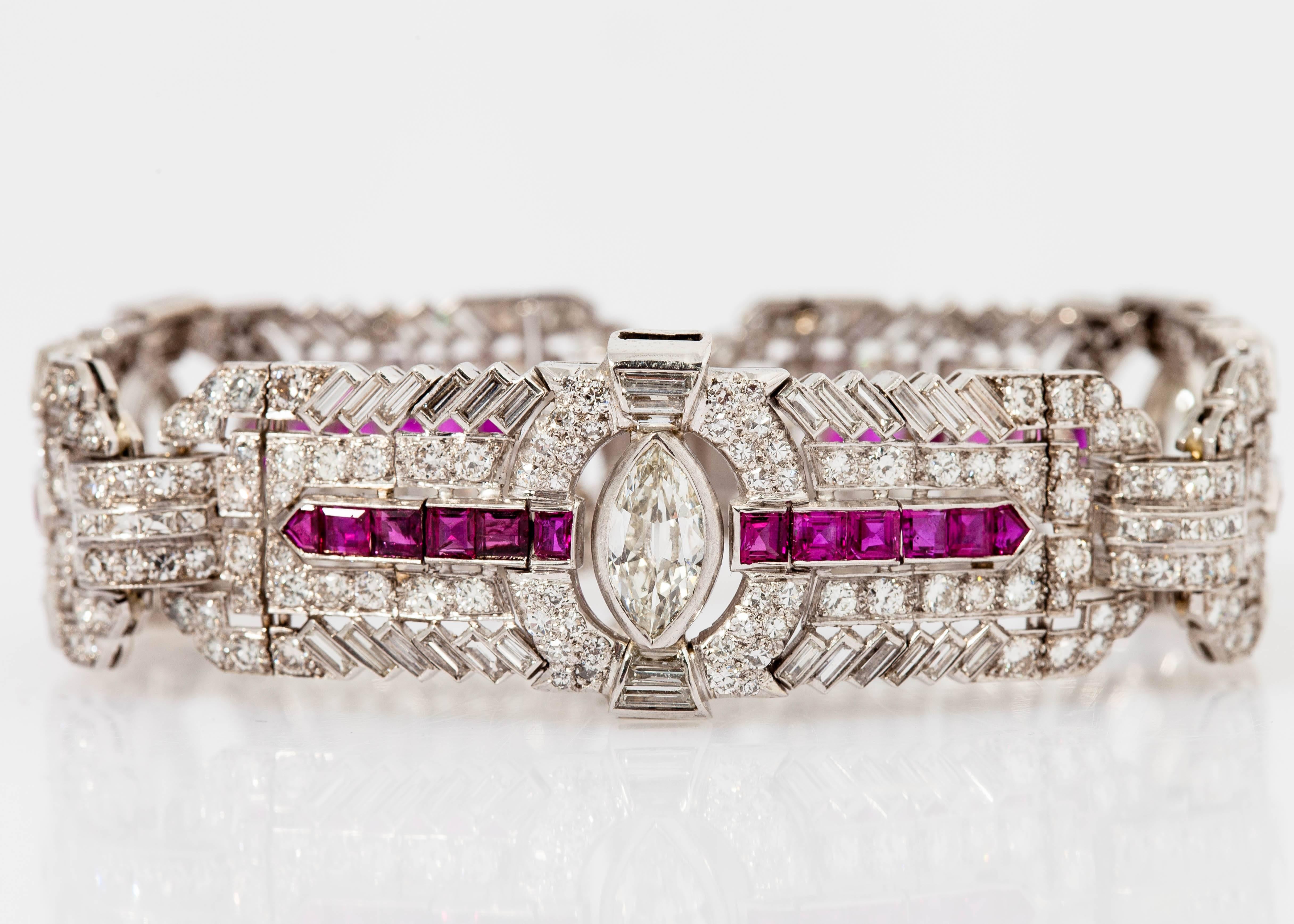 Women's Ruby Diamond Platinum Art Deco Bracelet For Sale