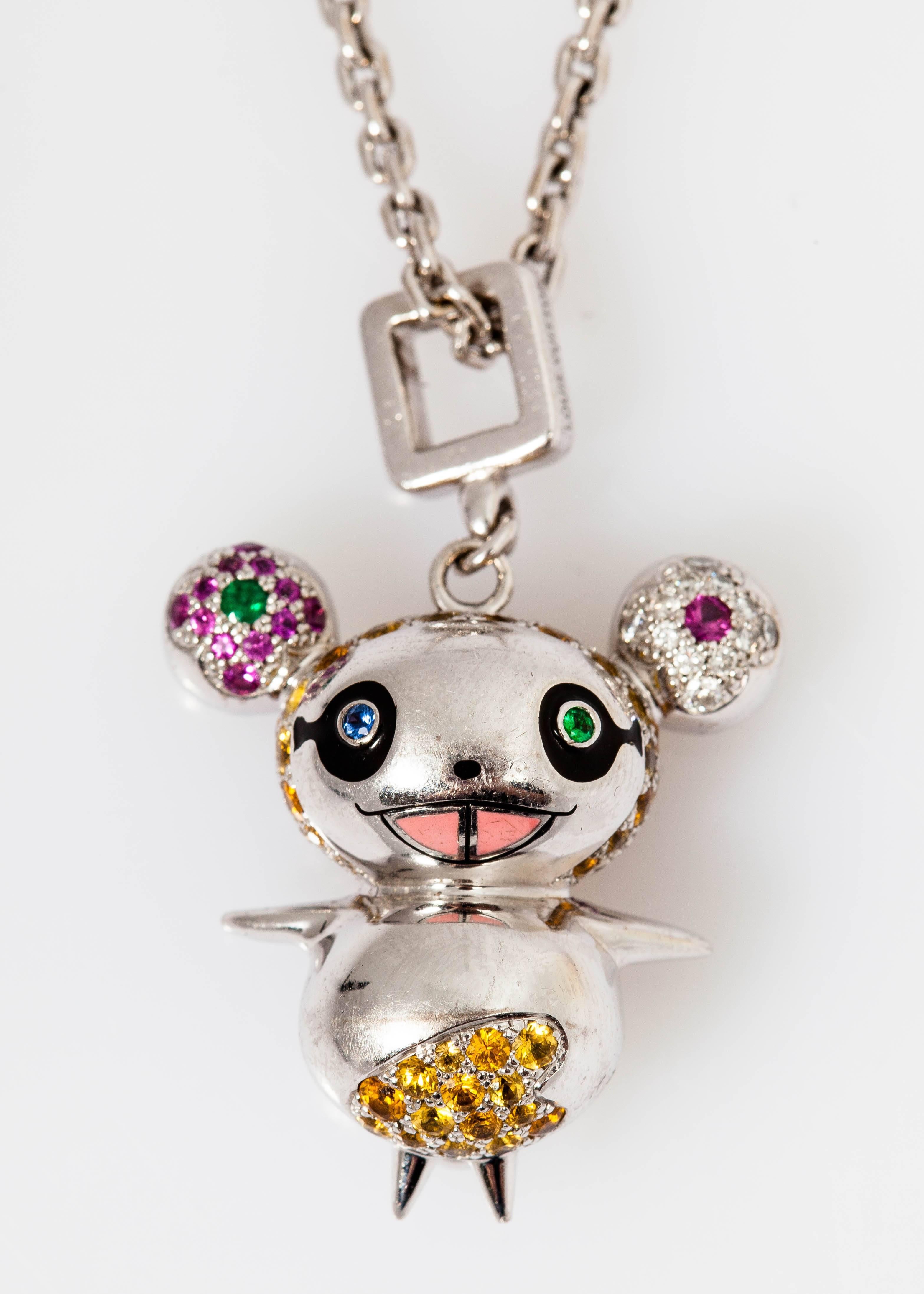 A masterpiece, very limited edition Takashi Murakami for Louis Vuitton Joaillerie Panda pendant set with 118 multi color sapphires weighing total approx. 3.68 cts, 14 emeralds weighing 0.18 cts and 12 round diamonds weighing approx. 0.16 cts,
