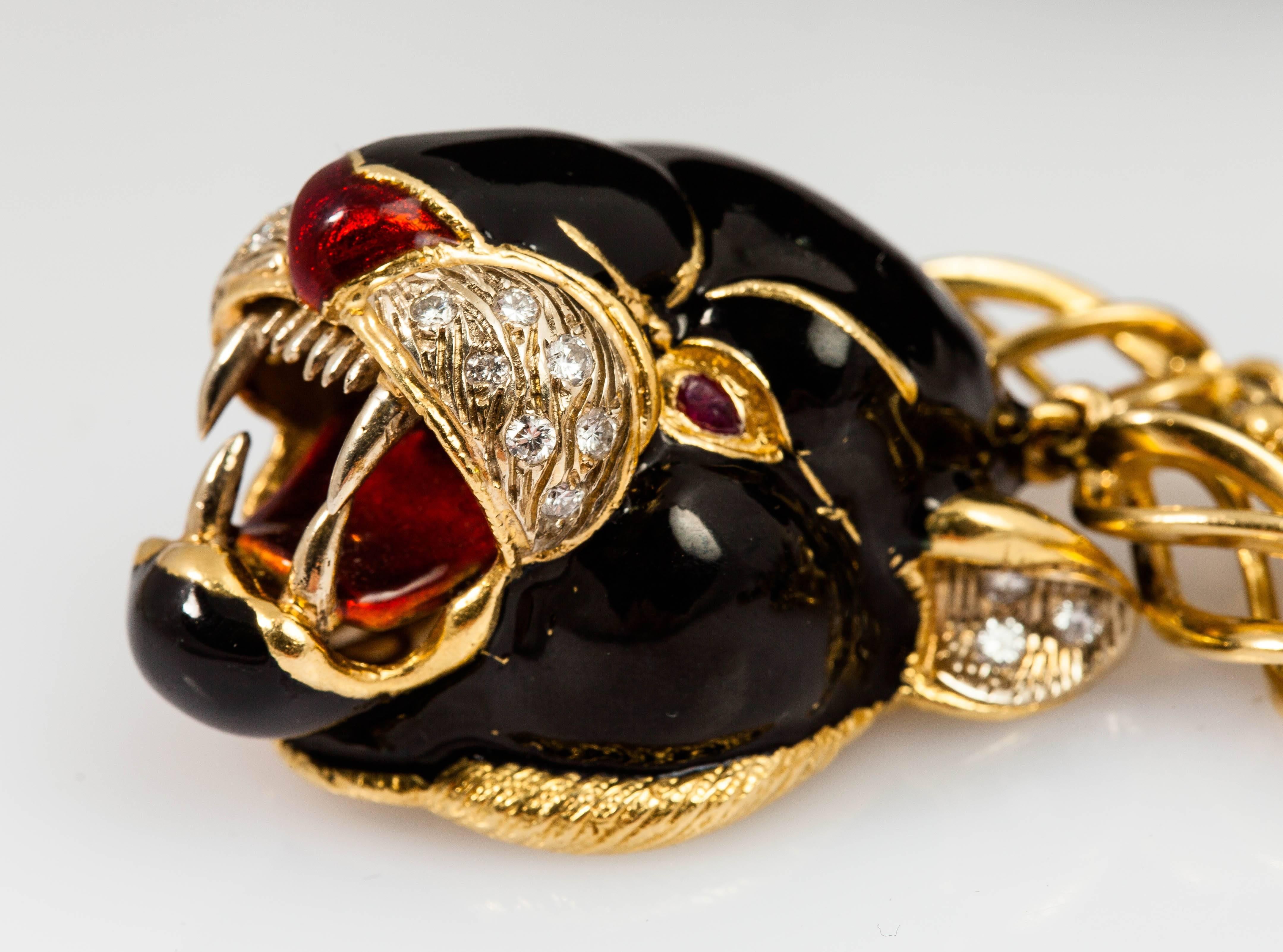Frascorolo Jaguar Panther Black And Red Enamel Gold Necklace In New Condition In New York, NY