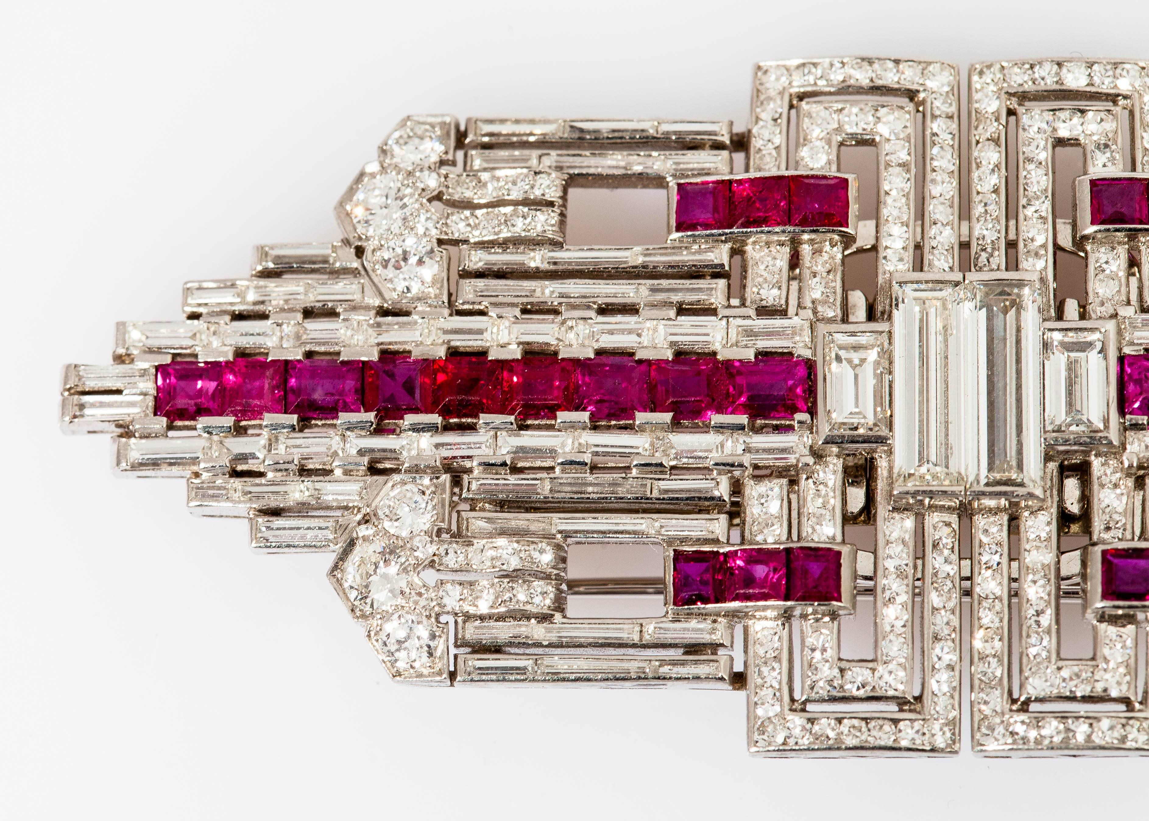 Art Deco Platinum Ruby and Diamond Double Clip Pin In Good Condition For Sale In New York, NY