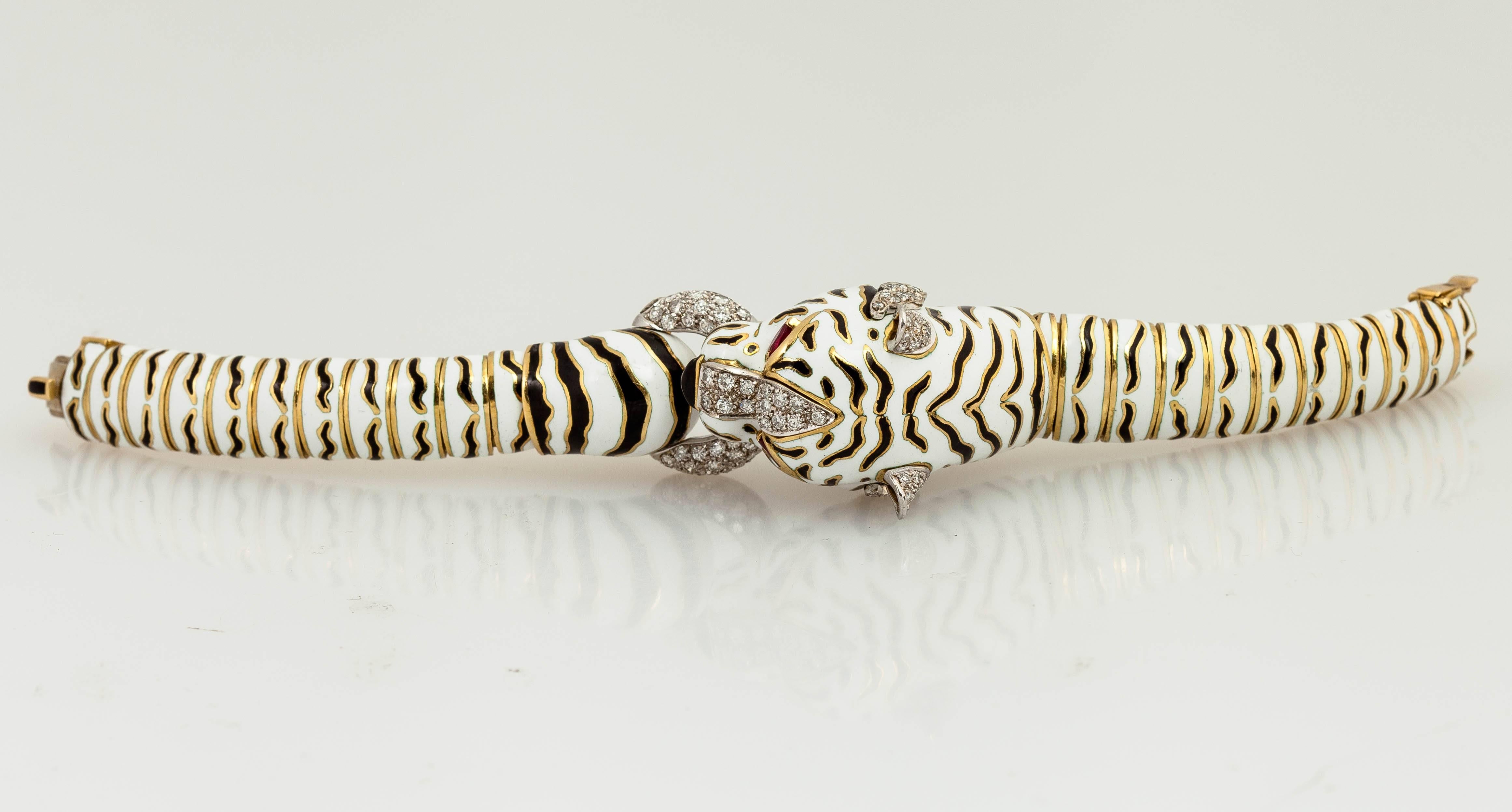Frascorolo enamel ruby diamond gold Tiger bracelet  In New Condition In New York, NY