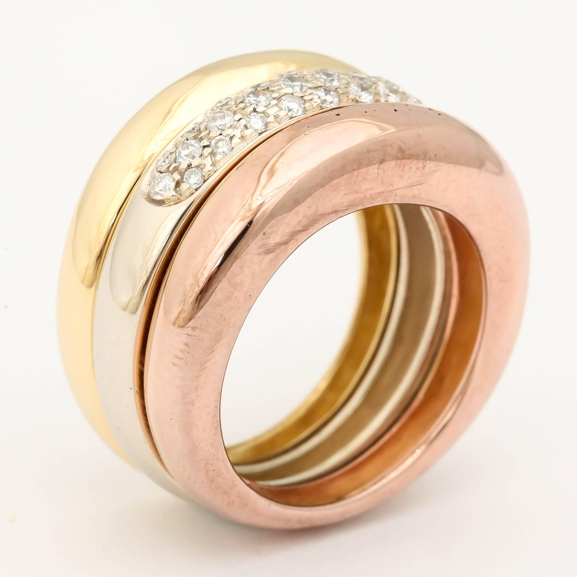 1990s Cartier Paris Diamond Three Color Gold Triple Movable Bands Ring 1