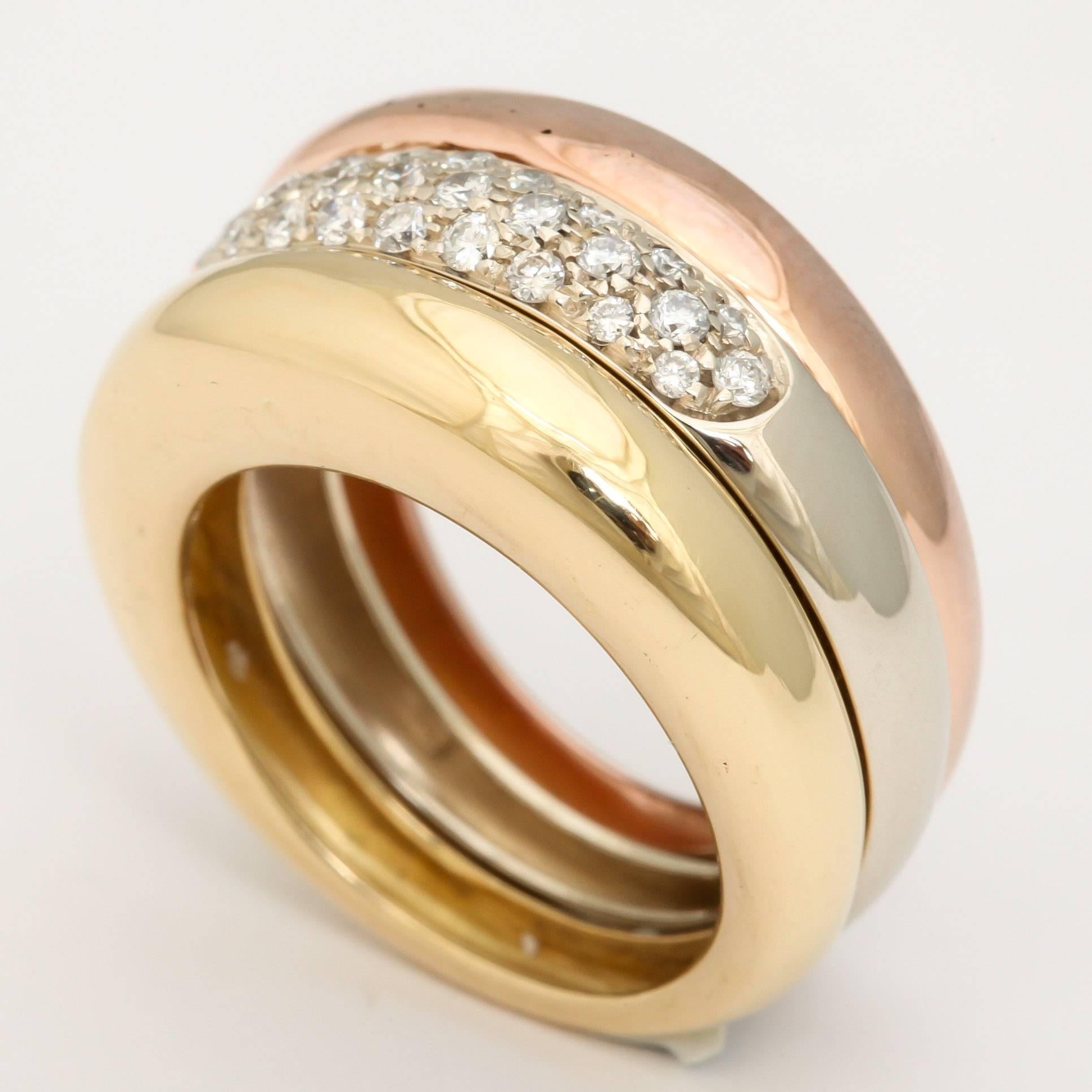 1990s Cartier Paris Diamond Three Color Gold Triple Movable Bands Ring 2
