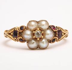 Garnet Pearl Cluster Diamond Gold Locket Ring