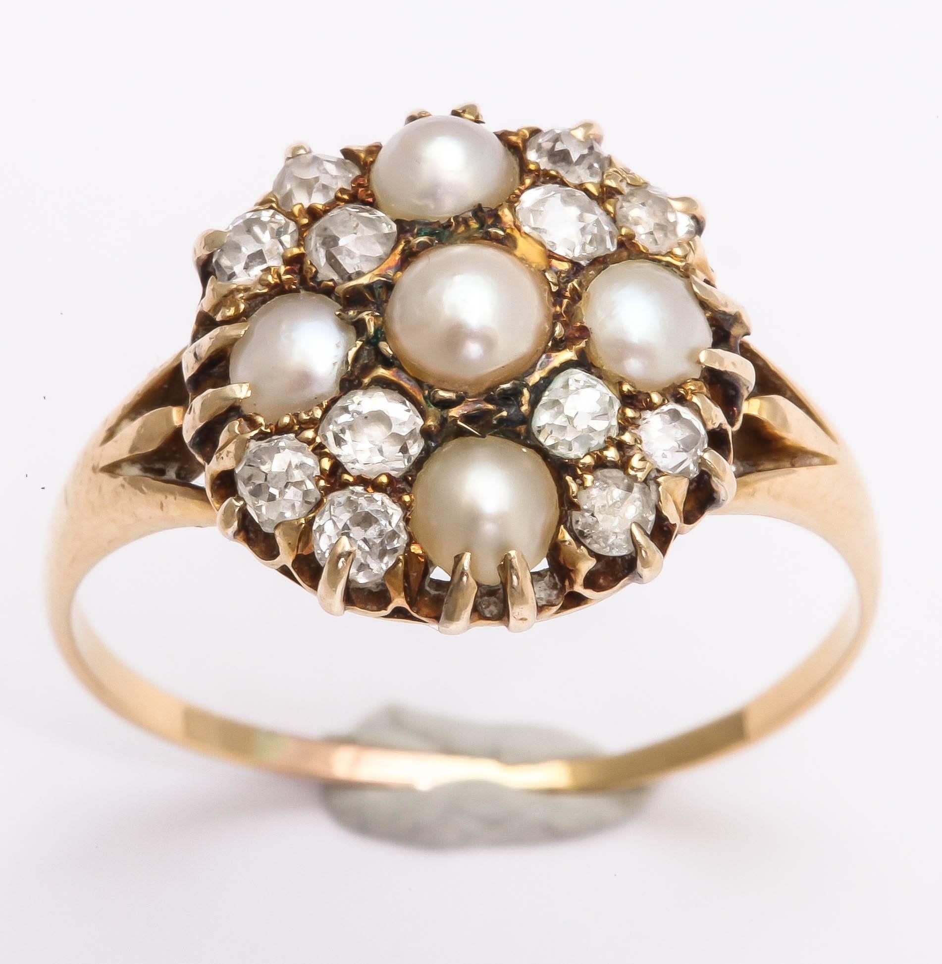 Victorian Fabulous Natural Pearl, Diamond Cluster Ring