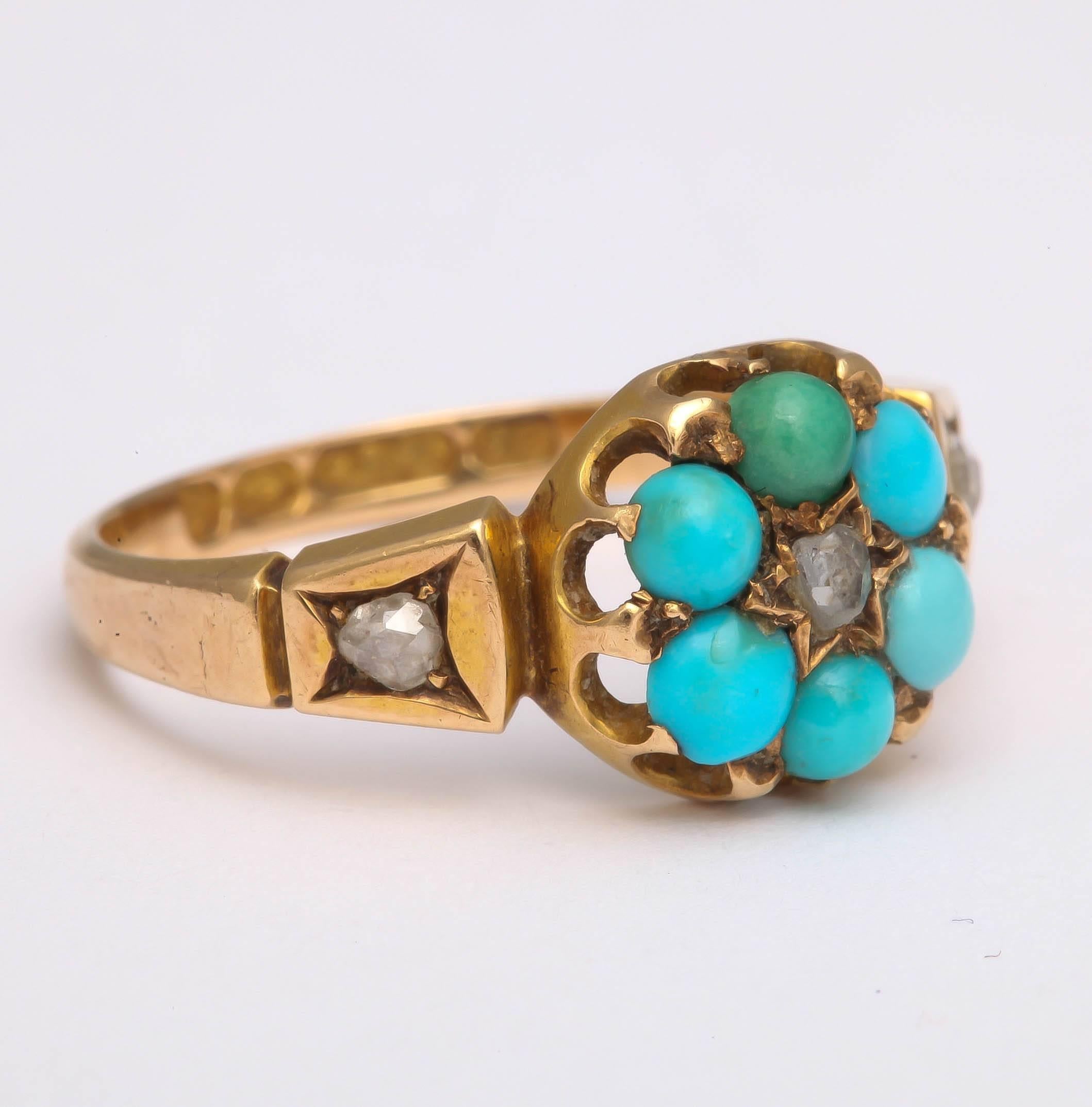 Victorian Turquoise diamond gold Cluster ring In Excellent Condition In New York, NY