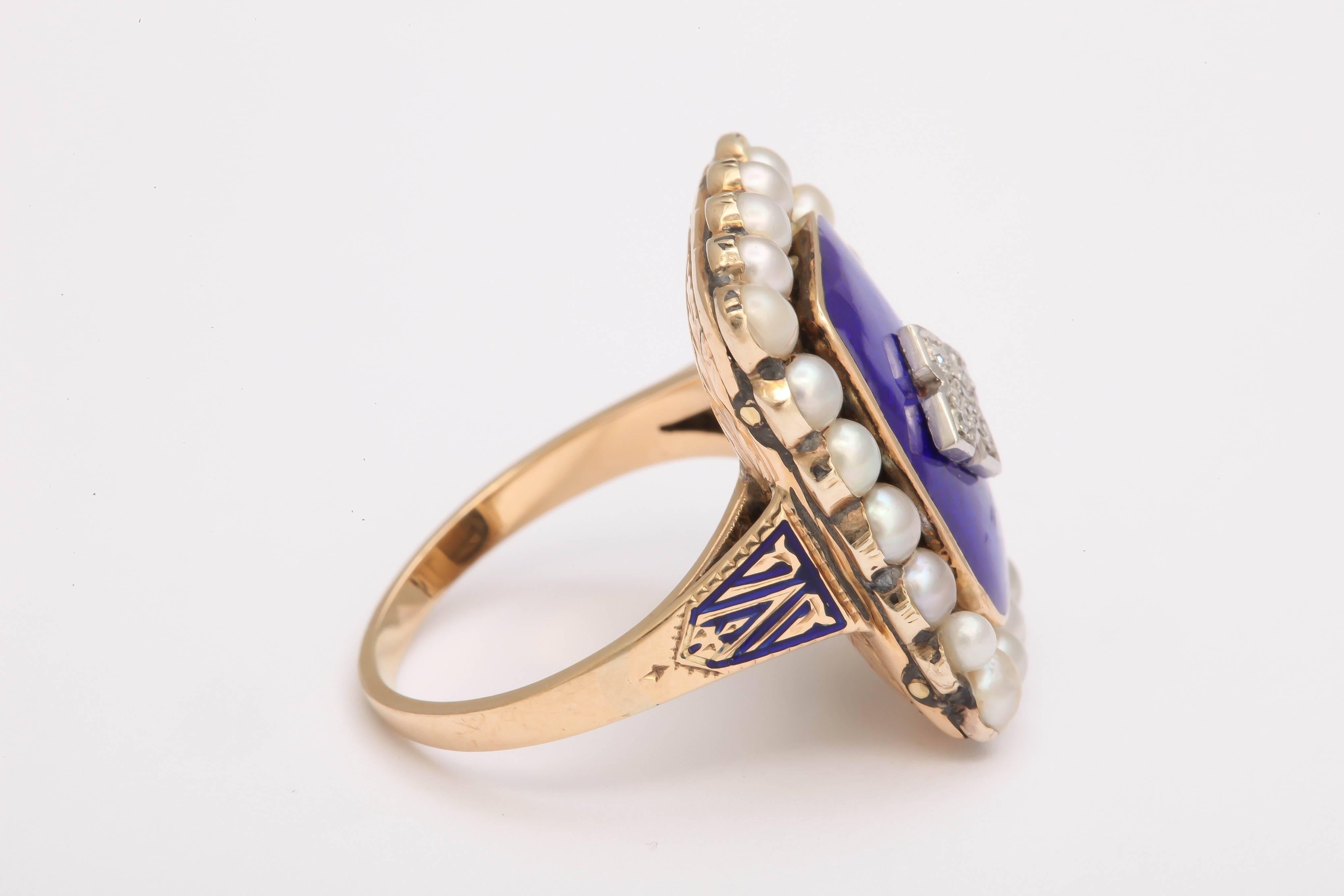 Georgian Enamel Diamond Seed Pearl Ring In Excellent Condition In New York, NY