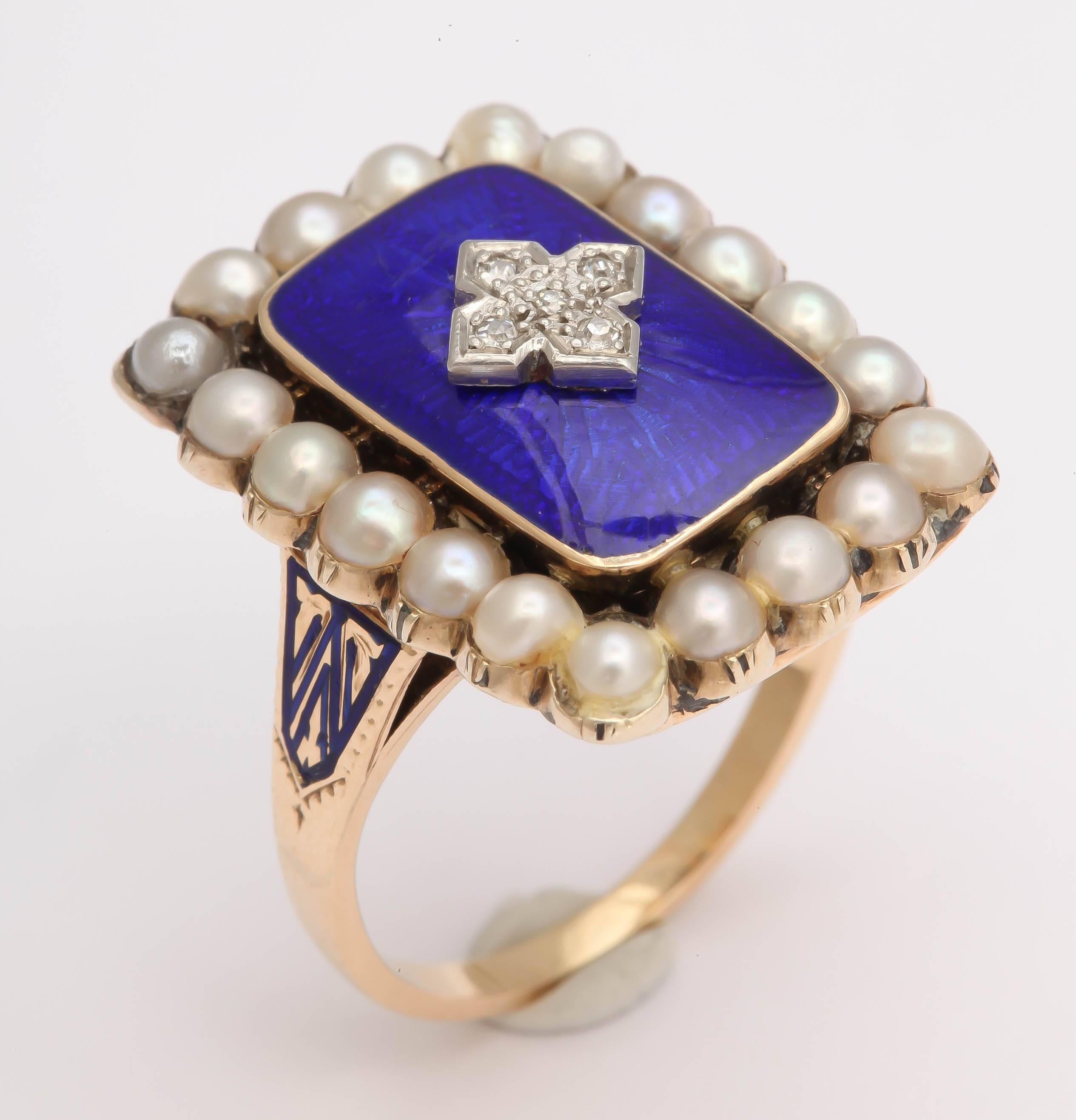 Georgian Enamel Diamond Seed Pearl Ring 1