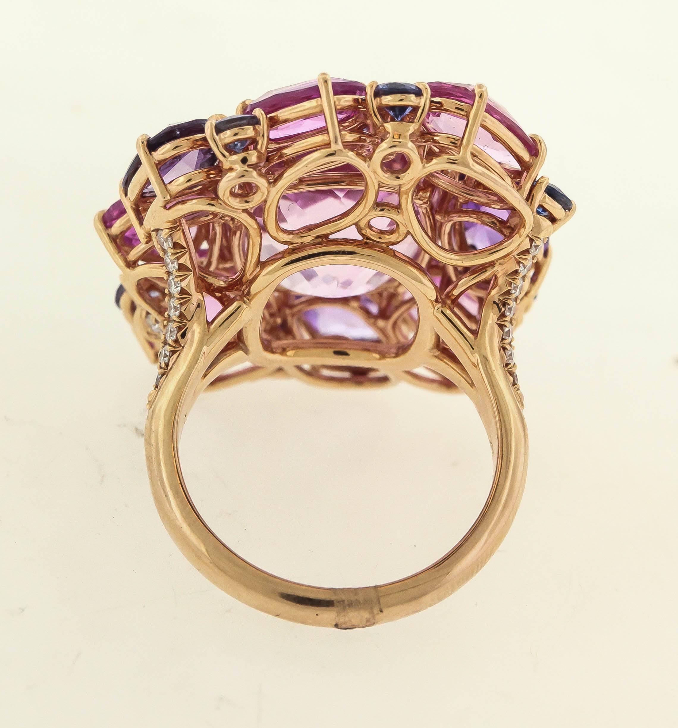 Magnificent Gem Kunzite Sapphire gold Cocktail Ring  In New Condition For Sale In New York, NY