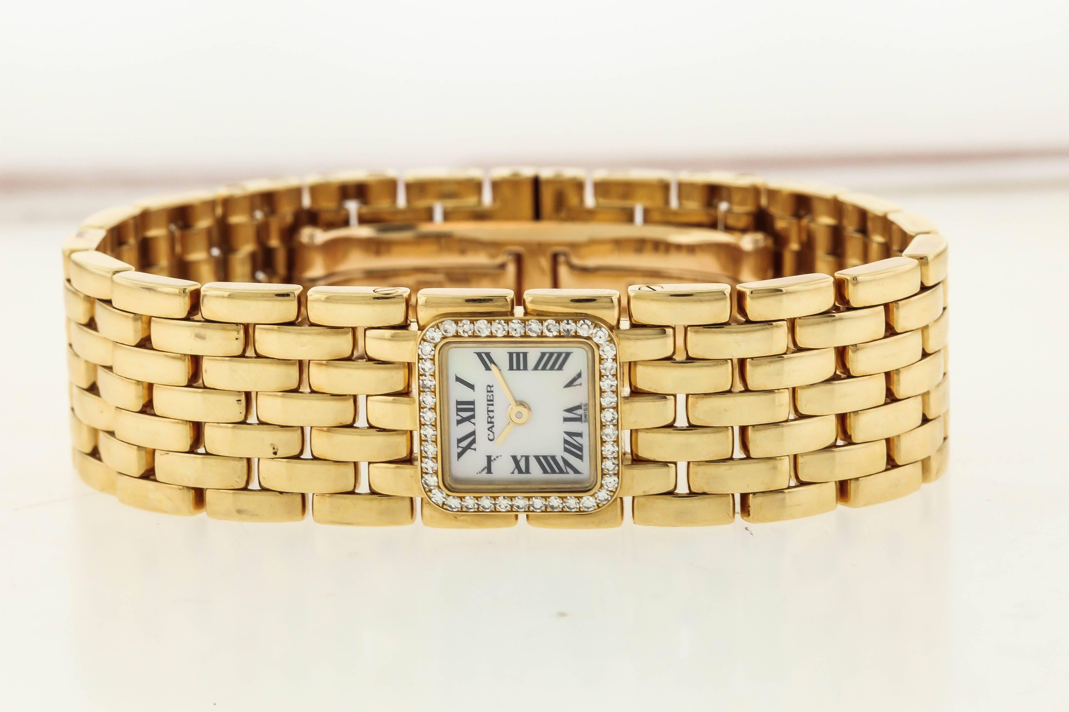 18K Cartier Panthere Ruban link watch, circa 2005,  with square case, mother-of-pearl dial, Arabic numeral hour markers with secret Cartier signature at X, gold sword hour and minute hands, Swiss quartz movement, scratch resistant sapphire crystal