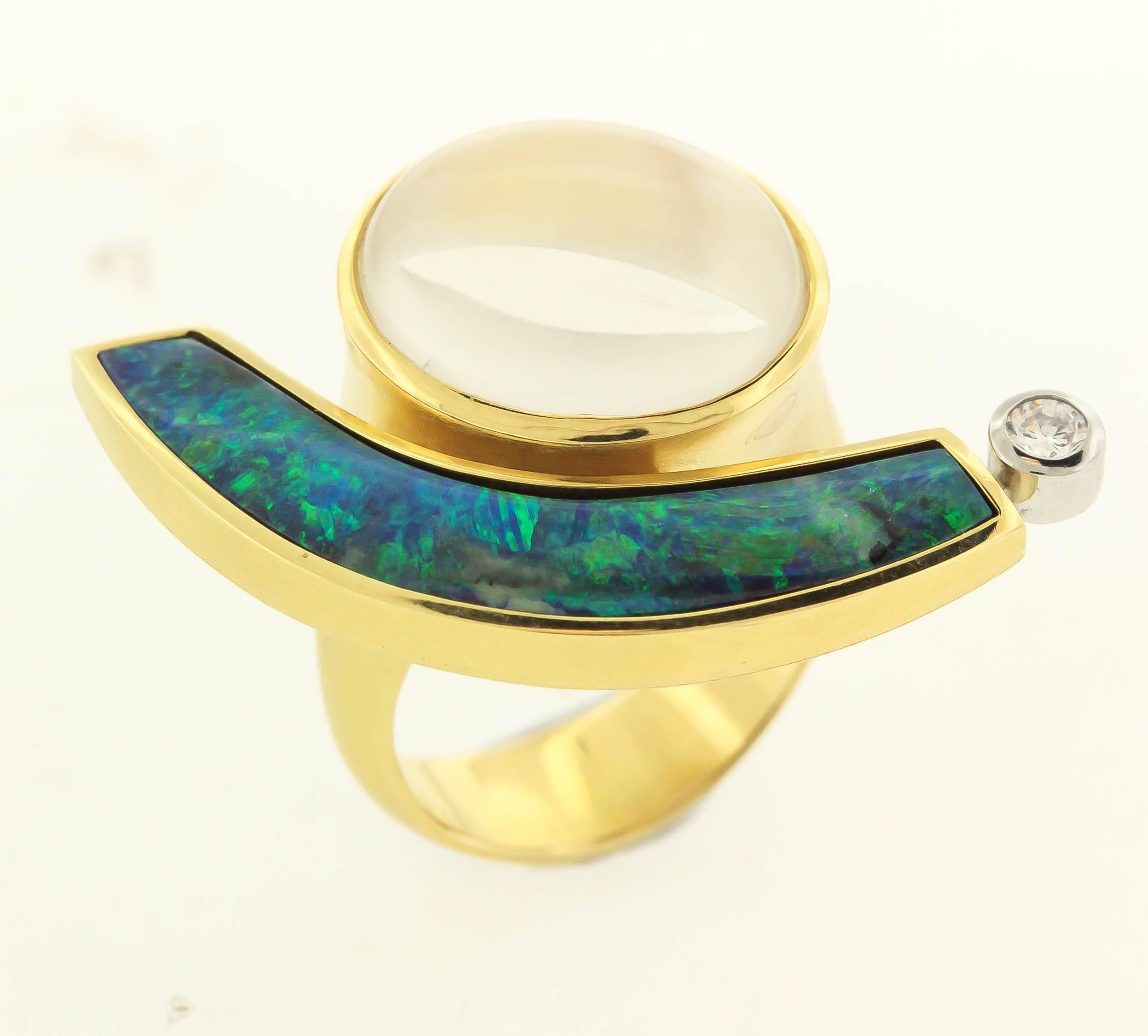 Women's Boulder Opal Moonstone gold Ring by Tom Munsteiner